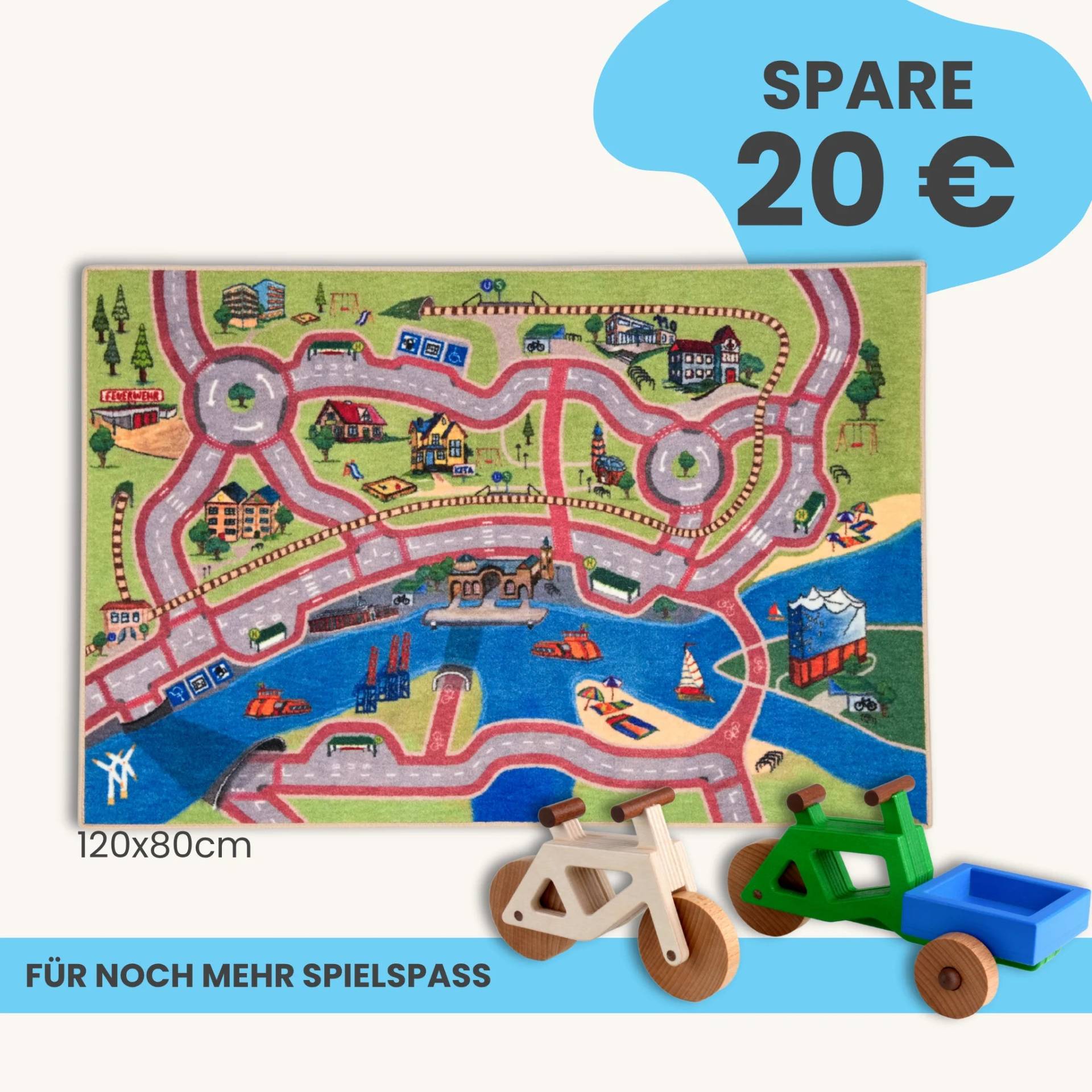 Spielteppich Hamburg 120x80cm im Starter-Set | Spielzeugfahrrad aus Holz (Farbe): Natur | Spielzeuglastenrad aus Holz (Farbe): Grün | Flache Transportbox Lastenrad (Farbe): Blau