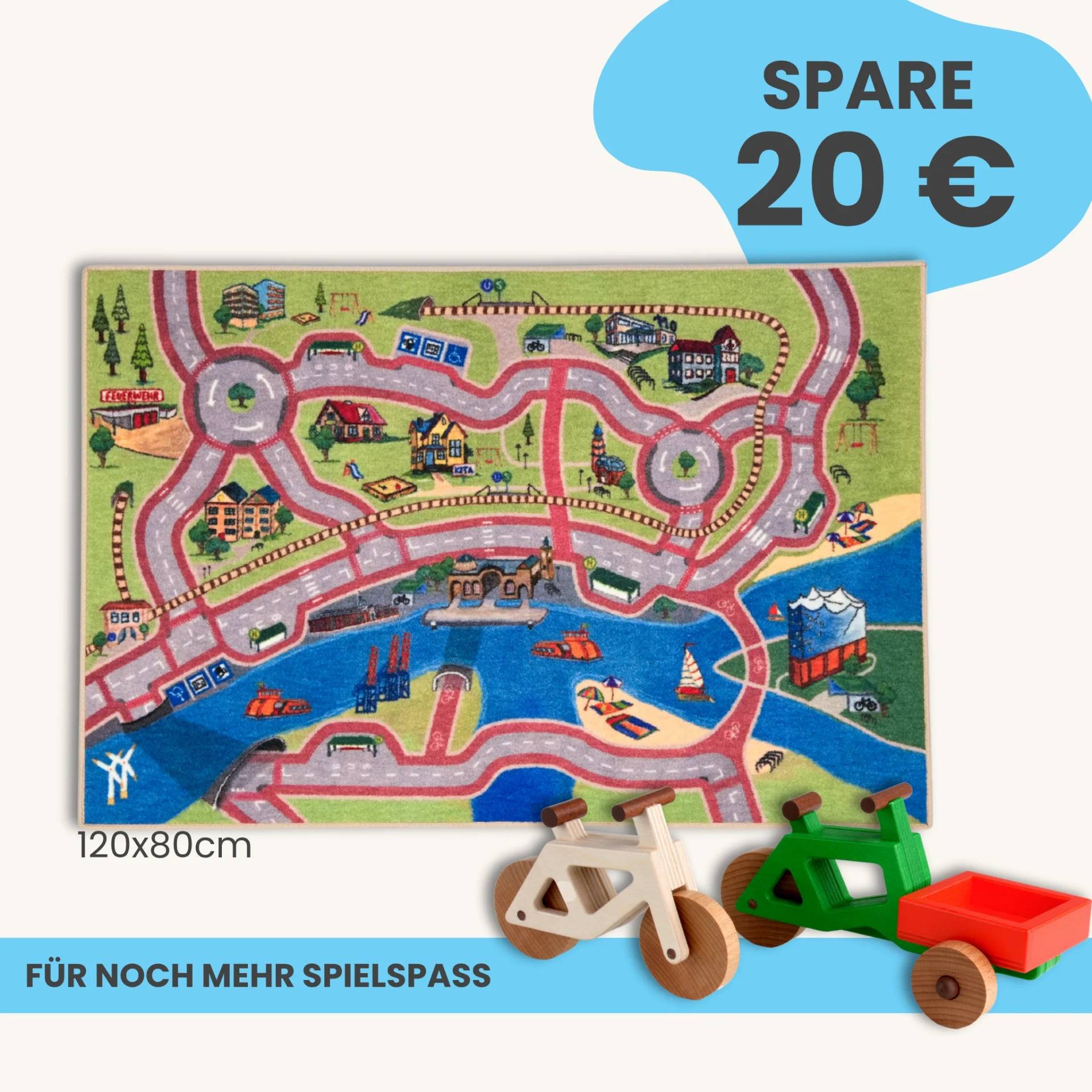 Spielteppich Hamburg 120x80cm im Starter-Set | Spielzeugfahrrad aus Holz (Farbe): Natur | Spielzeuglastenrad aus Holz (Farbe): Grün | Flache Transportbox Lastenrad (Farbe): Rot