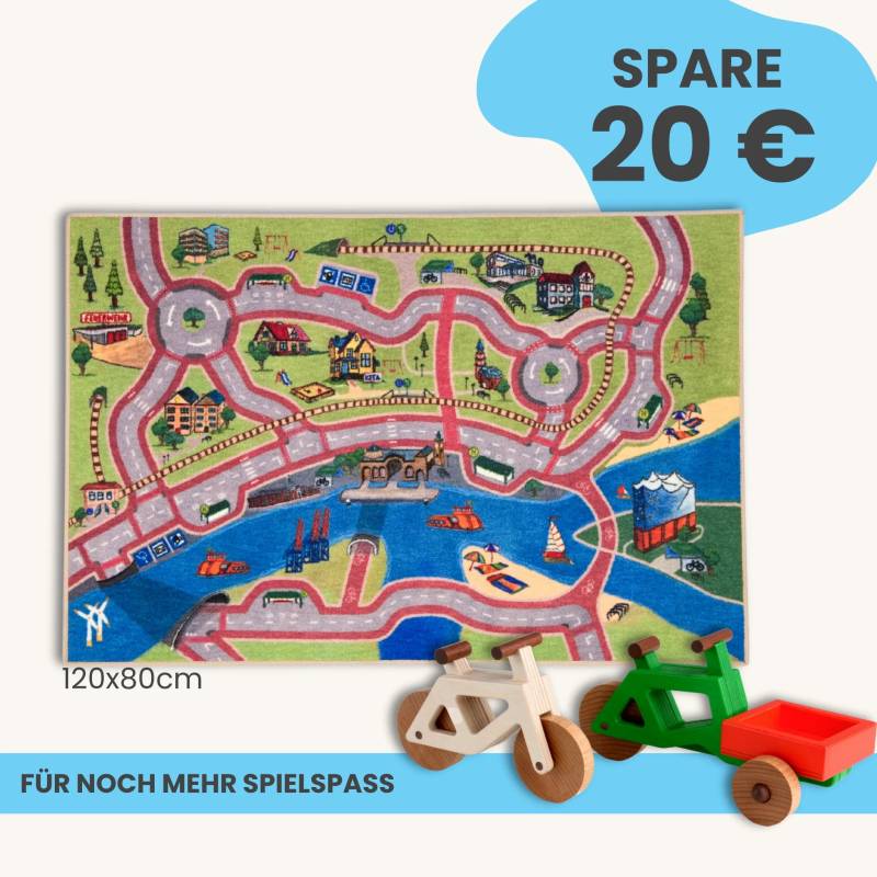 Spielteppich Hamburg 120x80cm im Starter-Set | Spielzeugfahrrad aus Holz (Farbe): Natur | Spielzeuglastenrad aus Holz (Farbe): Grün | Flache Transportbox Lastenrad (Farbe): Rot