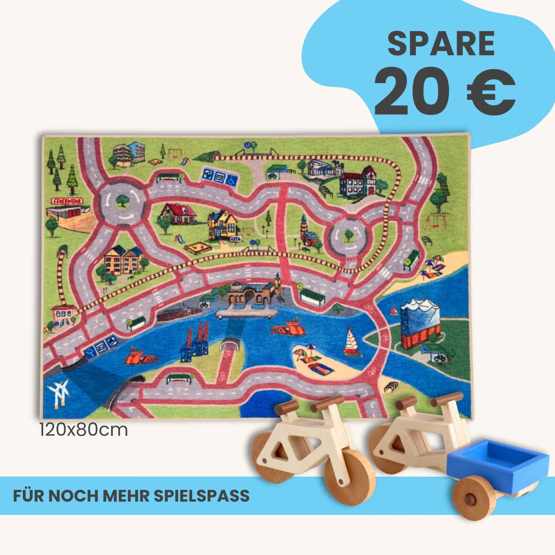 Spielteppich Hamburg 120x80cm im Starter-Set | Spielzeugfahrrad aus Holz (Farbe): Natur | Spielzeuglastenrad aus Holz (Farbe): Natur | Flache Transportbox Lastenrad (Farbe): Blau