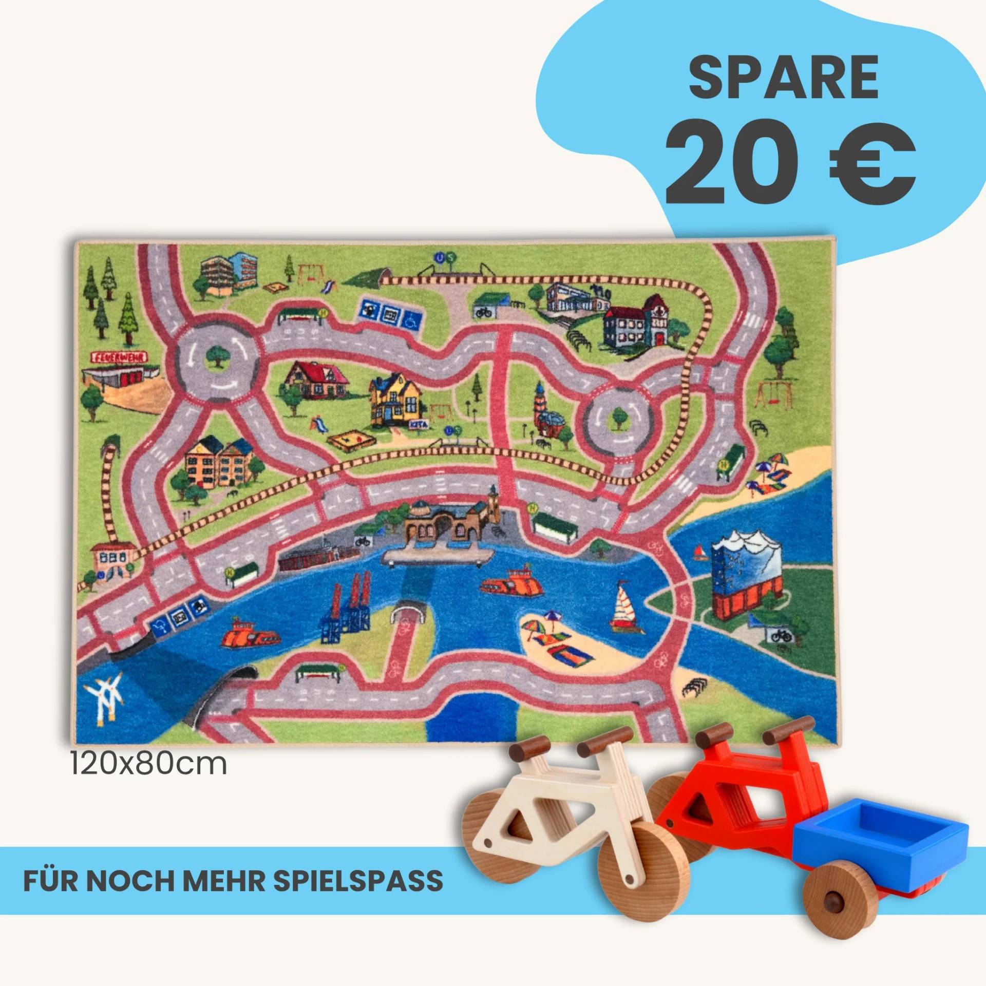 Spielteppich Hamburg 120x80cm im Starter-Set | Spielzeugfahrrad aus Holz (Farbe): Natur | Spielzeuglastenrad aus Holz (Farbe): Rot | Flache Transportbox Lastenrad (Farbe): Blau