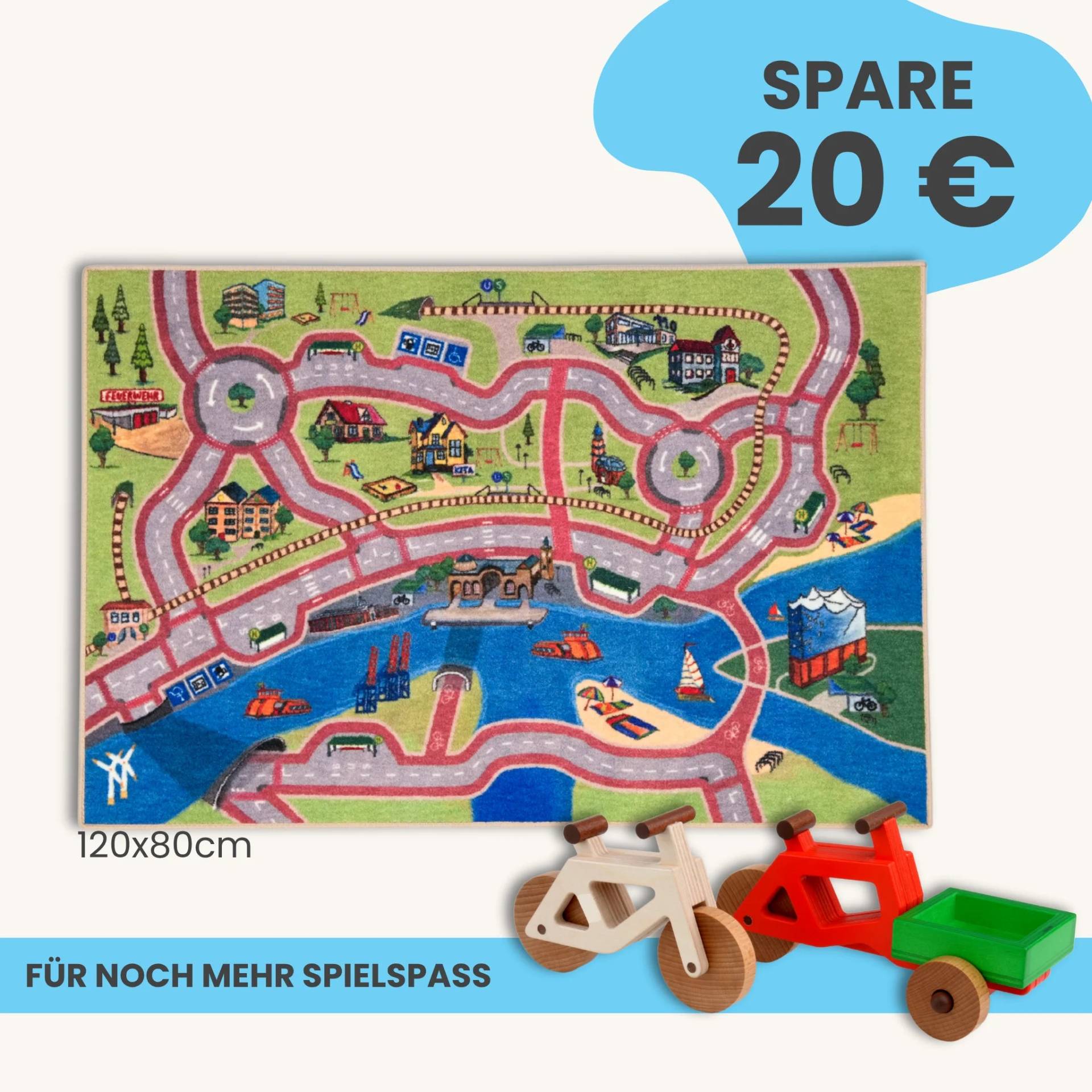 Spielteppich Hamburg 120x80cm im Starter-Set | Spielzeugfahrrad aus Holz (Farbe): Natur | Spielzeuglastenrad aus Holz (Farbe): Rot | Flache Transportbox Lastenrad (Farbe): Grün