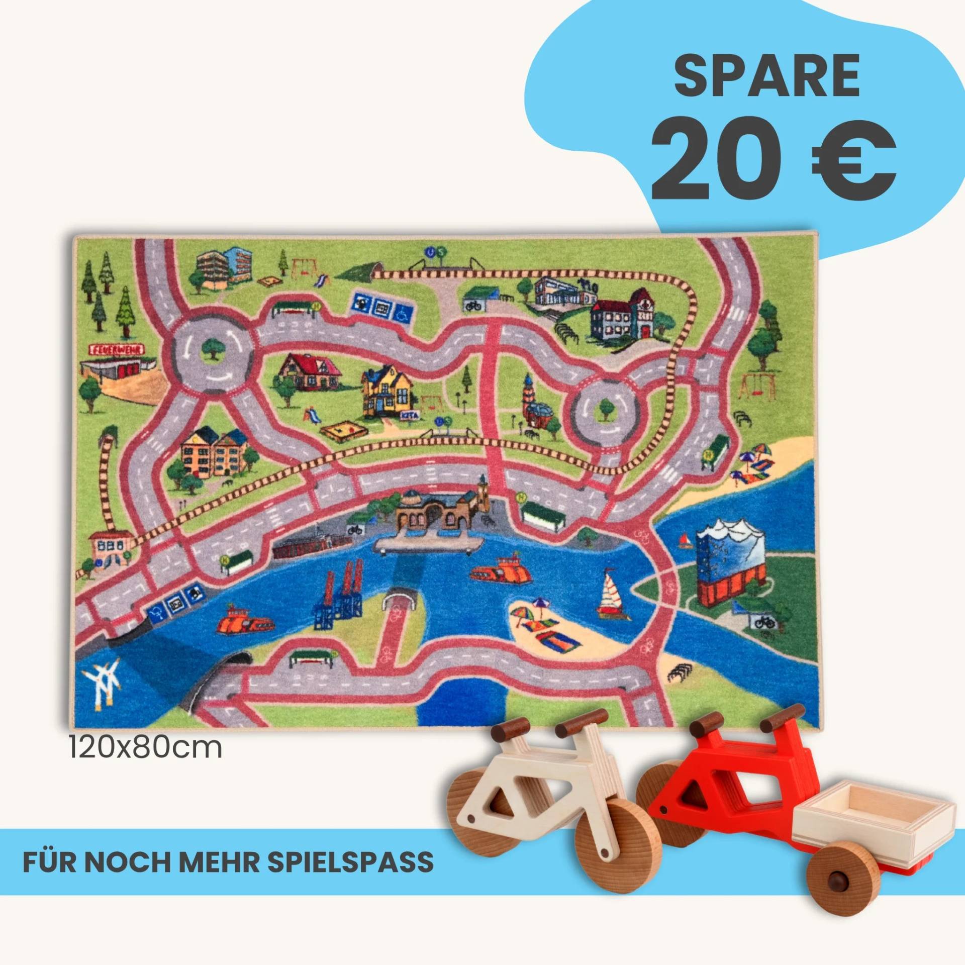 Spielteppich Hamburg 120x80cm im Starter-Set | Spielzeugfahrrad aus Holz (Farbe): Natur | Spielzeuglastenrad aus Holz (Farbe): Rot | Flache Transportbox Lastenrad (Farbe): Natur