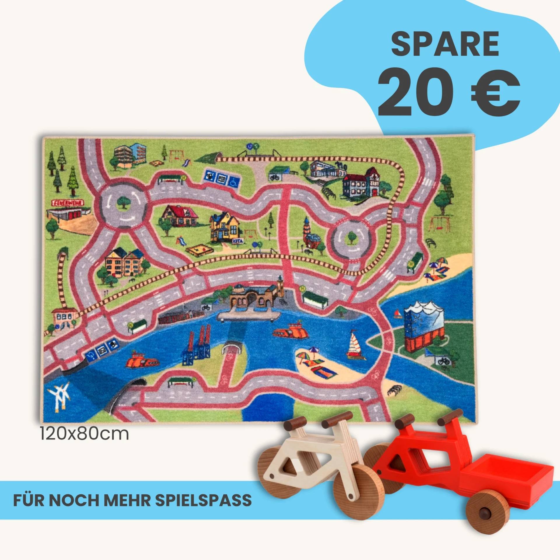 Spielteppich Hamburg 120x80cm im Starter-Set | Spielzeugfahrrad aus Holz (Farbe): Natur | Spielzeuglastenrad aus Holz (Farbe): Rot | Flache Transportbox Lastenrad (Farbe): Rot