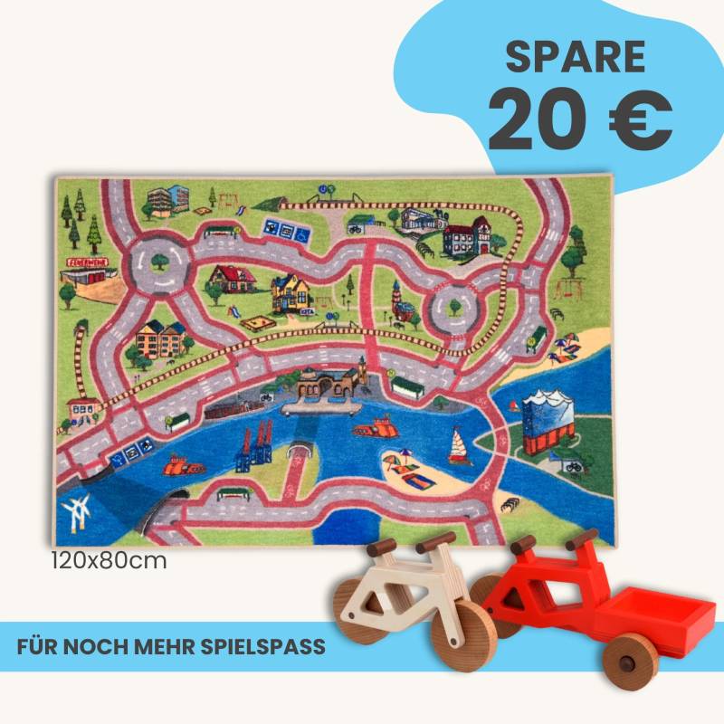 Spielteppich Hamburg 120x80cm im Starter-Set | Spielzeugfahrrad aus Holz (Farbe): Natur | Spielzeuglastenrad aus Holz (Farbe): Rot | Flache Transportbox Lastenrad (Farbe): Rot