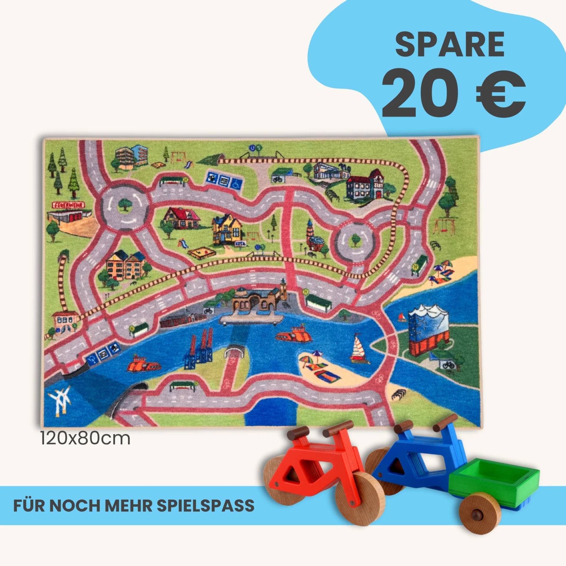 Spielteppich Hamburg 120x80cm im Starter-Set | Spielzeugfahrrad aus Holz (Farbe): Rot | Spielzeuglastenrad aus Holz (Farbe): Blau | Flache Transportbox Lastenrad (Farbe): Grün