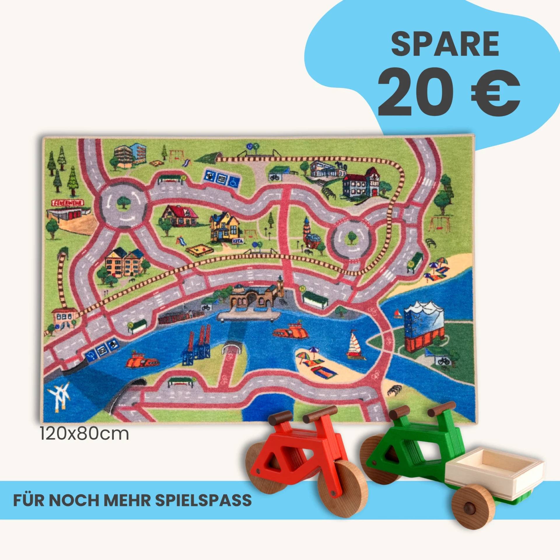 Spielteppich Hamburg 120x80cm im Starter-Set | Spielzeugfahrrad aus Holz (Farbe): Rot | Spielzeuglastenrad aus Holz (Farbe): Grün | Flache Transportbox Lastenrad (Farbe): Natur