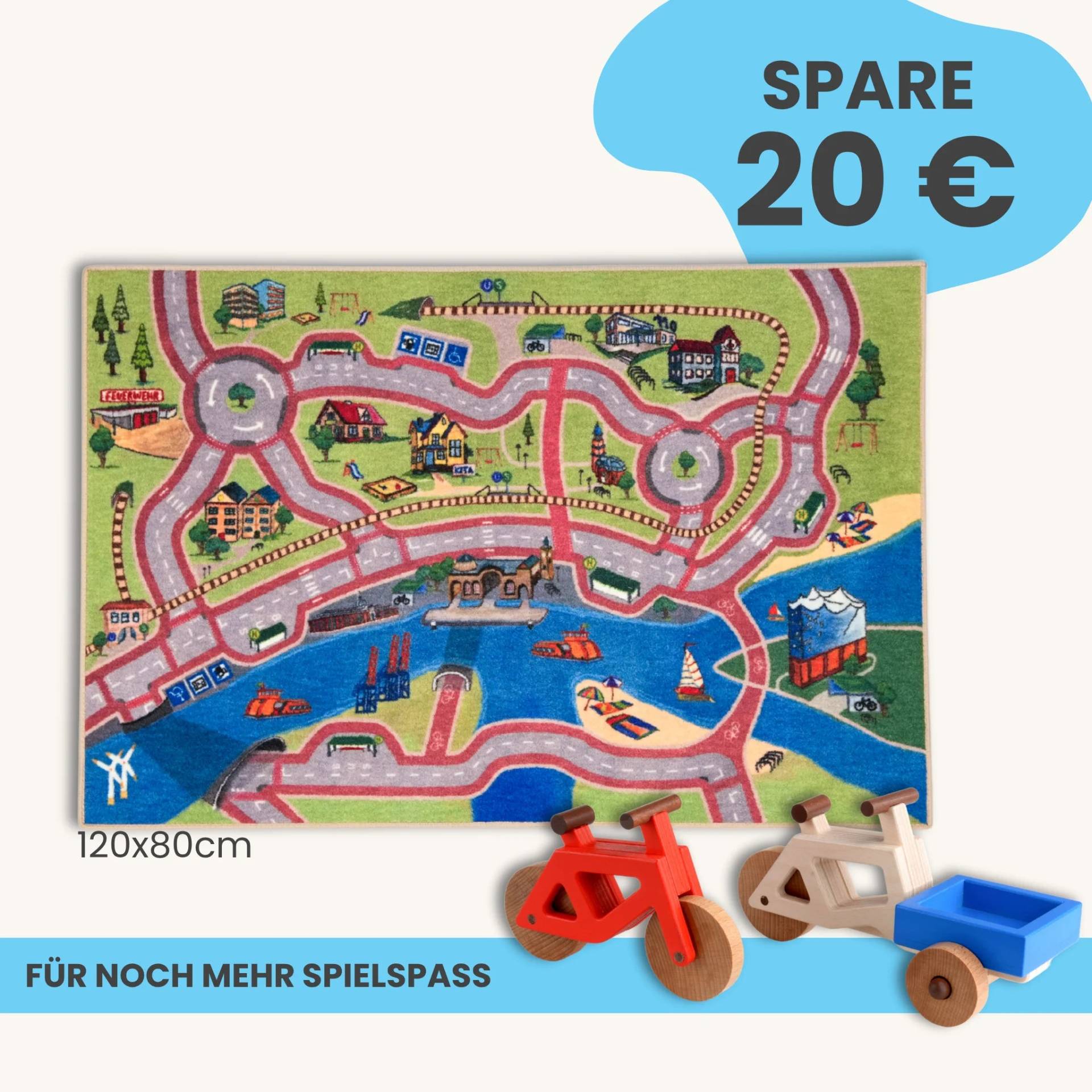 Spielteppich Hamburg 120x80cm im Starter-Set | Spielzeugfahrrad aus Holz (Farbe): Rot | Spielzeuglastenrad aus Holz (Farbe): Natur | Flache Transportbox Lastenrad (Farbe): Blau