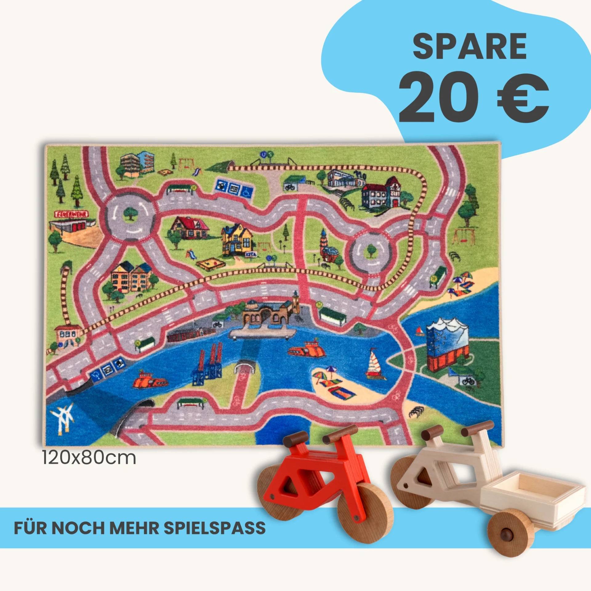 Spielteppich Hamburg 120x80cm im Starter-Set | Spielzeugfahrrad aus Holz (Farbe): Rot | Spielzeuglastenrad aus Holz (Farbe): Natur | Flache Transportbox Lastenrad (Farbe): Natur