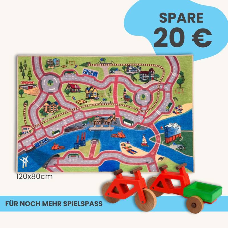 Spielteppich Hamburg 120x80cm im Starter-Set | Spielzeugfahrrad aus Holz (Farbe): Rot | Spielzeuglastenrad aus Holz (Farbe): Rot | Flache Transportbox Lastenrad (Farbe): Grün