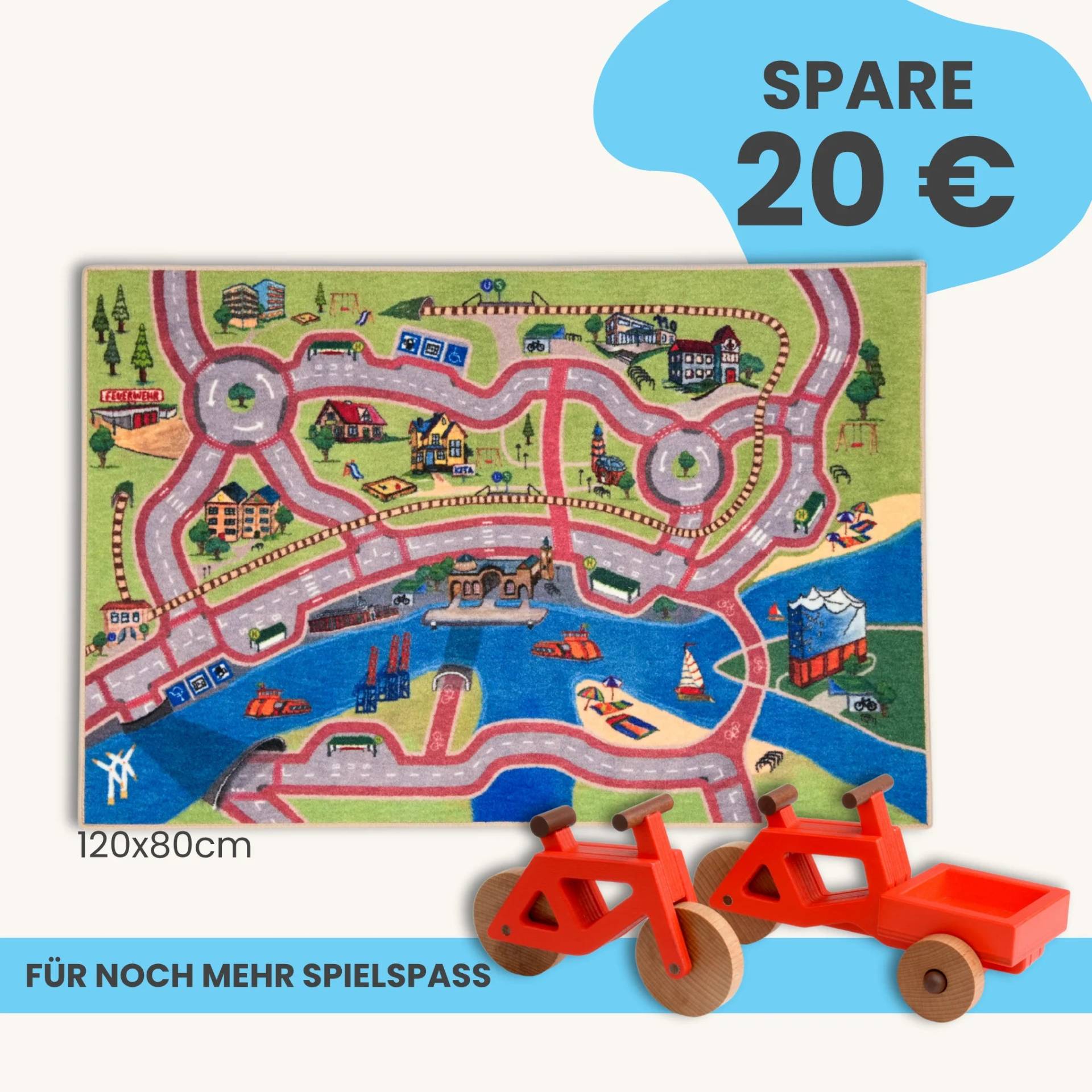 Spielteppich Hamburg 120x80cm im Starter-Set | Spielzeugfahrrad aus Holz (Farbe): Rot | Spielzeuglastenrad aus Holz (Farbe): Rot | Flache Transportbox Lastenrad (Farbe): Rot