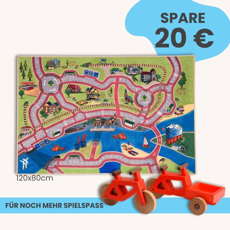 Spielteppich Hamburg 120x80cm im Starter-Set | Spielzeugfahrrad aus Holz (Farbe): Rot | Spielzeuglastenrad aus Holz (Farbe): Rot | Flache Transportbox Lastenrad (Farbe): Rot