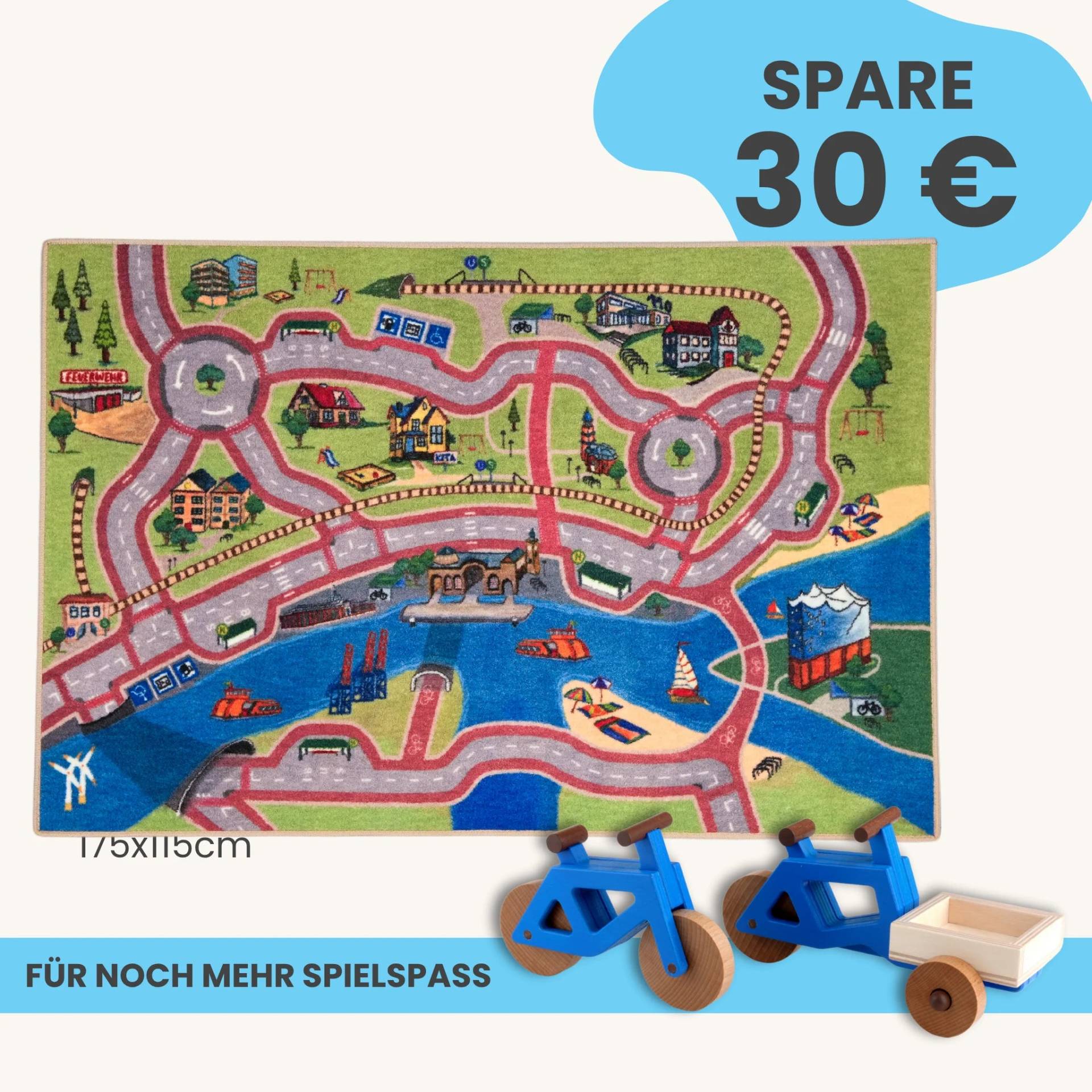 Spielteppich Hamburg 175x115cm im Starter-Set | Spielzeugfahrrad aus Holz (Farbe): Blau | Spielzeuglastenrad aus Holz (Farbe): Blau | Flache Transportbox Lastenrad (Farbe): Natur