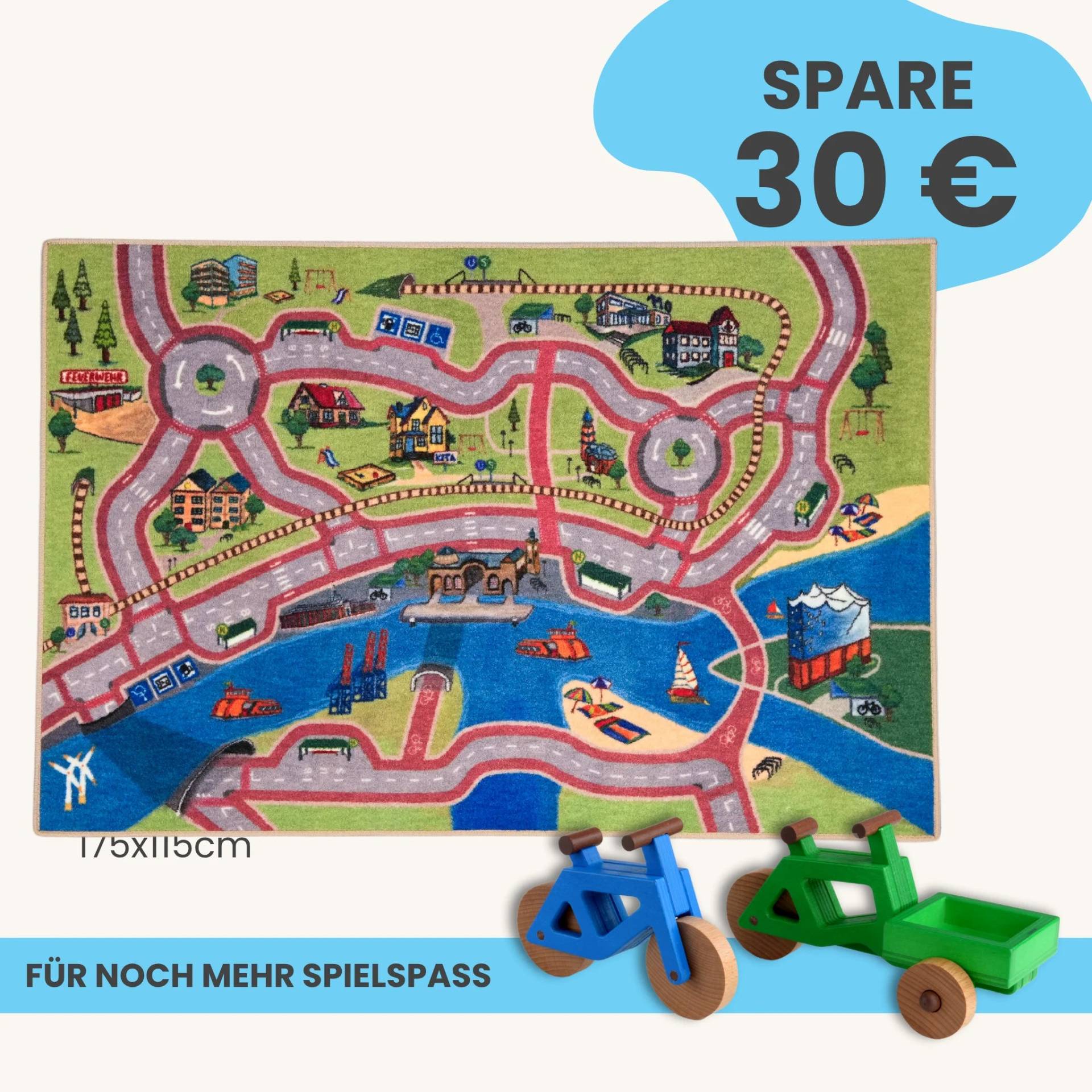 Spielteppich Hamburg 175x115cm im Starter-Set | Spielzeugfahrrad aus Holz (Farbe): Blau | Spielzeuglastenrad aus Holz (Farbe): Grün | Flache Transportbox Lastenrad (Farbe): Grün