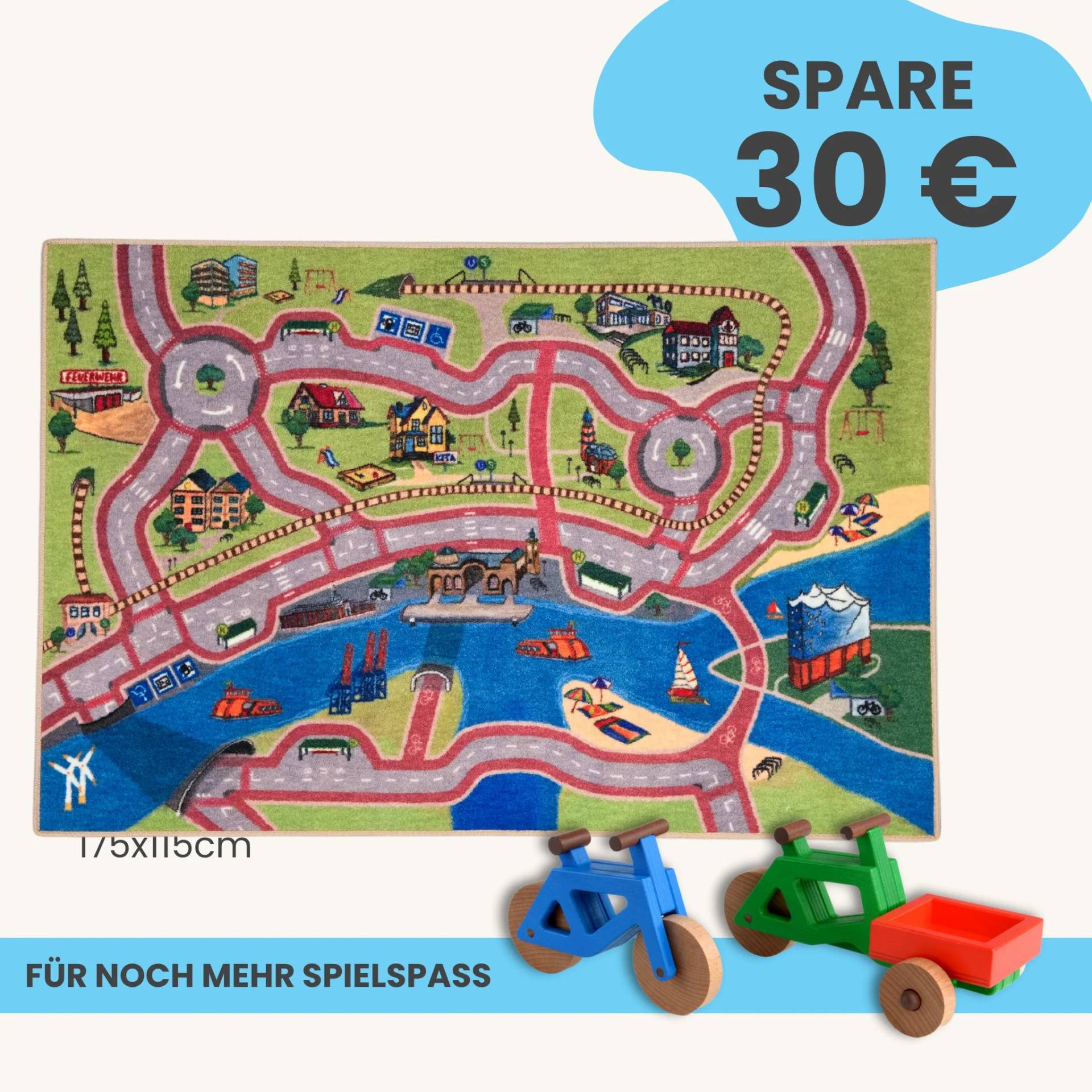 Spielteppich Hamburg 175x115cm im Starter-Set | Spielzeugfahrrad aus Holz (Farbe): Blau | Spielzeuglastenrad aus Holz (Farbe): Grün | Flache Transportbox Lastenrad (Farbe): Rot
