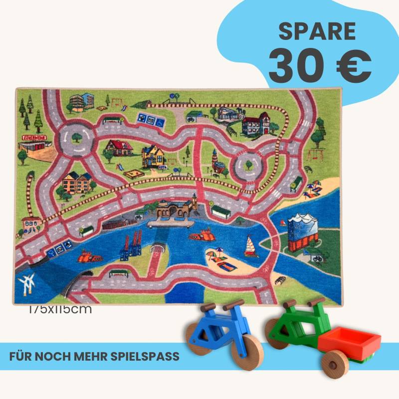 Spielteppich Hamburg 175x115cm im Starter-Set | Spielzeugfahrrad aus Holz (Farbe): Blau | Spielzeuglastenrad aus Holz (Farbe): Grün | Flache Transportbox Lastenrad (Farbe): Rot
