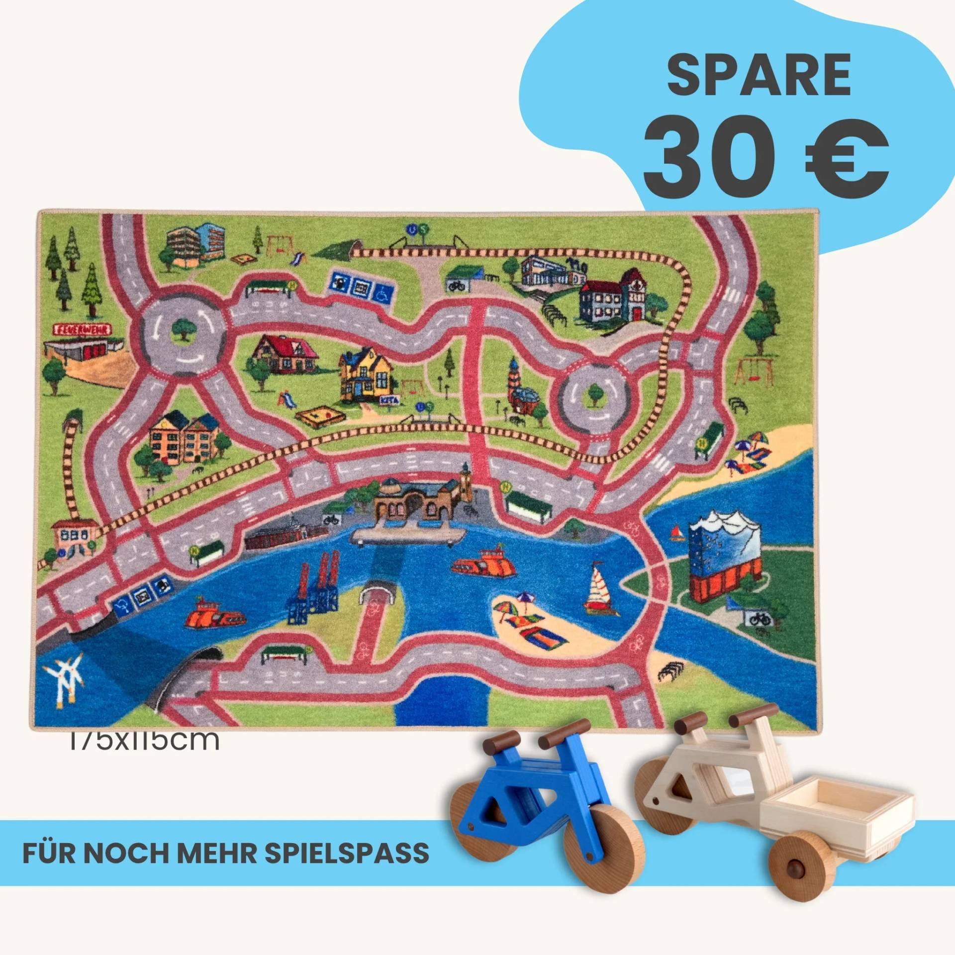 Spielteppich Hamburg 175x115cm im Starter-Set | Spielzeugfahrrad aus Holz (Farbe): Blau | Spielzeuglastenrad aus Holz (Farbe): Natur | Flache Transportbox Lastenrad (Farbe): Natur