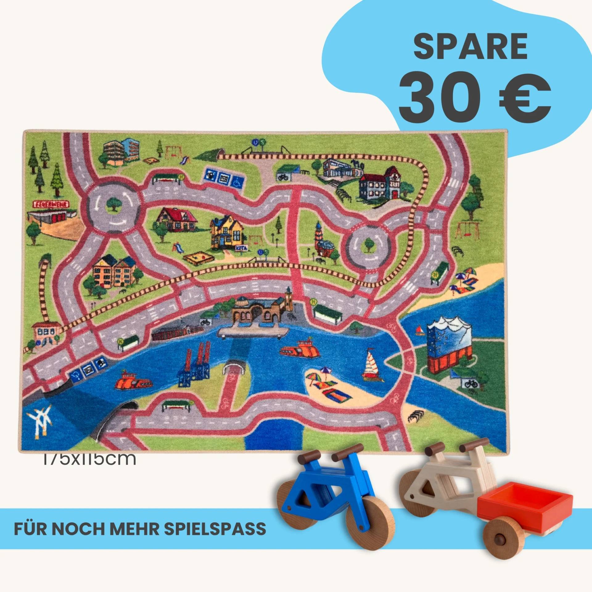Spielteppich Hamburg 175x115cm im Starter-Set | Spielzeugfahrrad aus Holz (Farbe): Blau | Spielzeuglastenrad aus Holz (Farbe): Natur | Flache Transportbox Lastenrad (Farbe): Rot