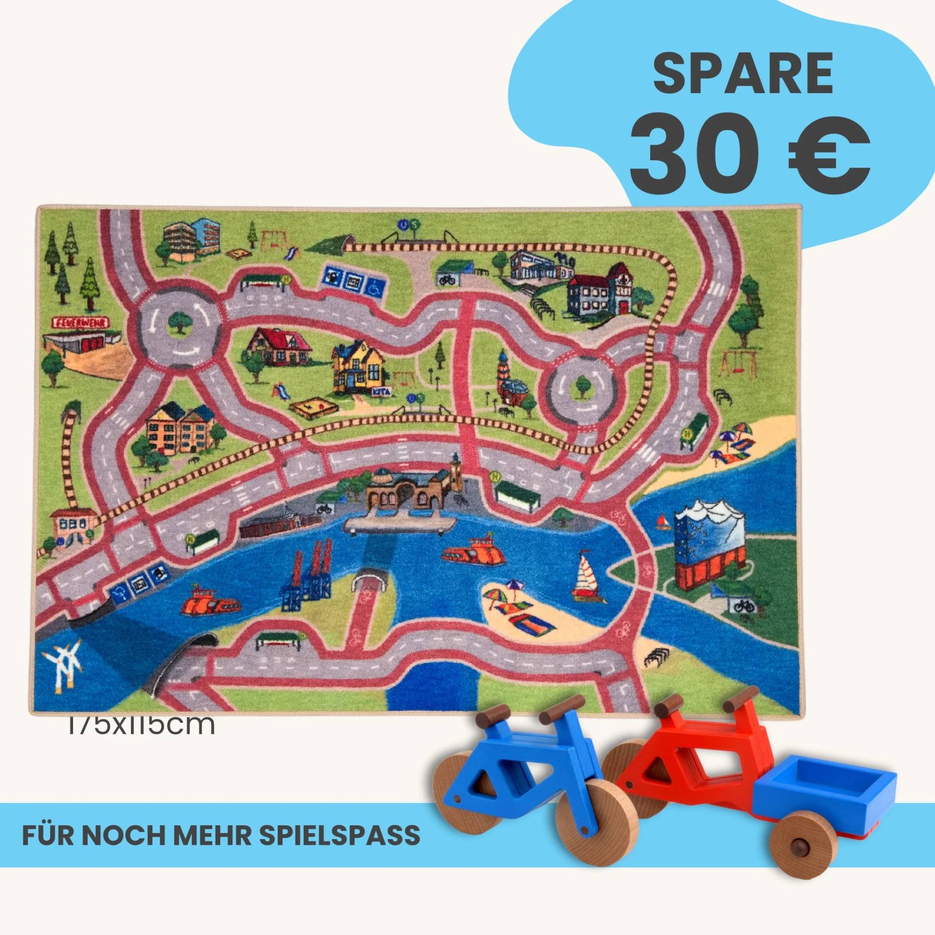 Spielteppich Hamburg 175x115cm im Starter-Set | Spielzeugfahrrad aus Holz (Farbe): Blau | Spielzeuglastenrad aus Holz (Farbe): Rot | Flache Transportbox Lastenrad (Farbe): Blau