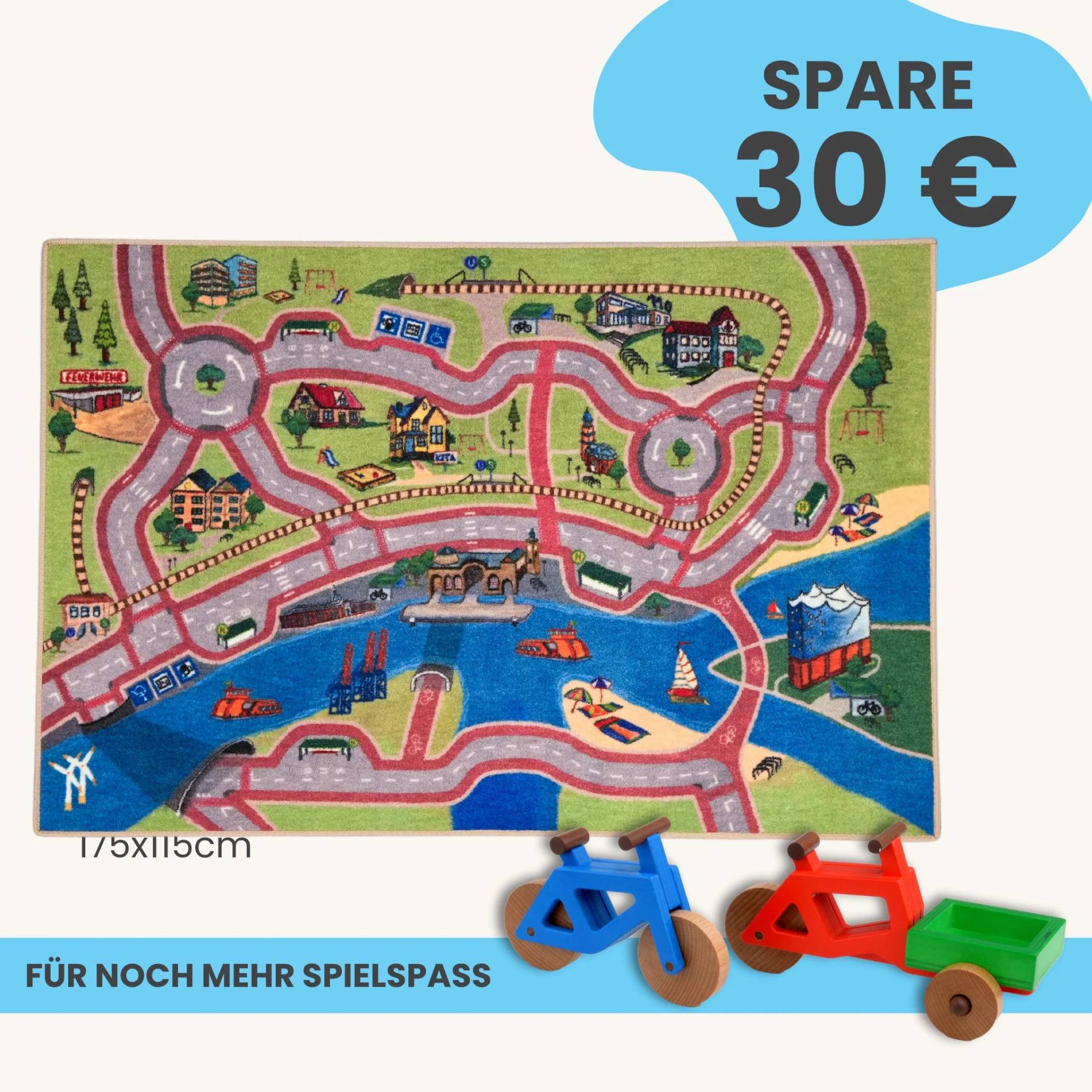 Spielteppich Hamburg 175x115cm im Starter-Set | Spielzeugfahrrad aus Holz (Farbe): Blau | Spielzeuglastenrad aus Holz (Farbe): Rot | Flache Transportbox Lastenrad (Farbe): Grün