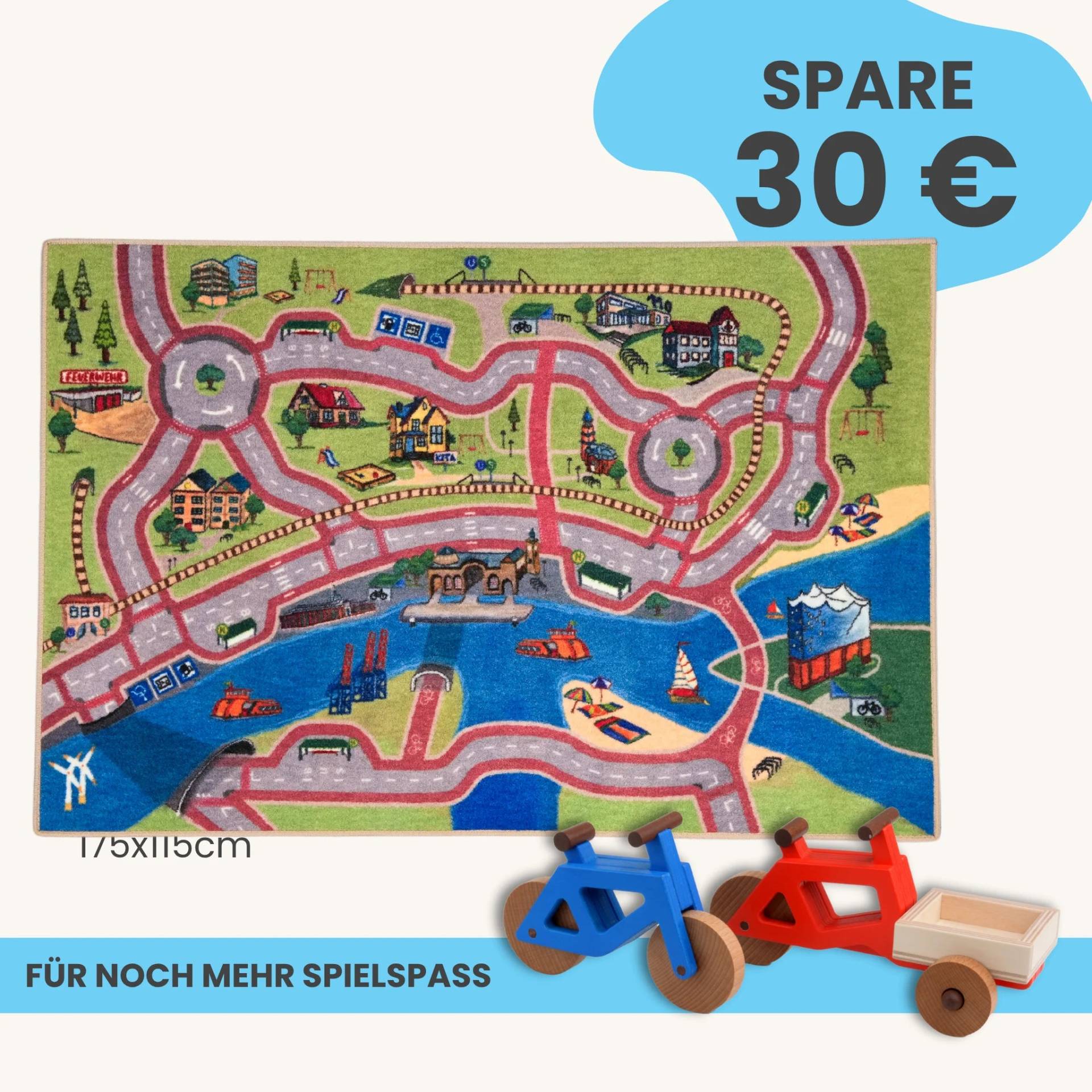 Spielteppich Hamburg 175x115cm im Starter-Set | Spielzeugfahrrad aus Holz (Farbe): Blau | Spielzeuglastenrad aus Holz (Farbe): Rot | Flache Transportbox Lastenrad (Farbe): Natur