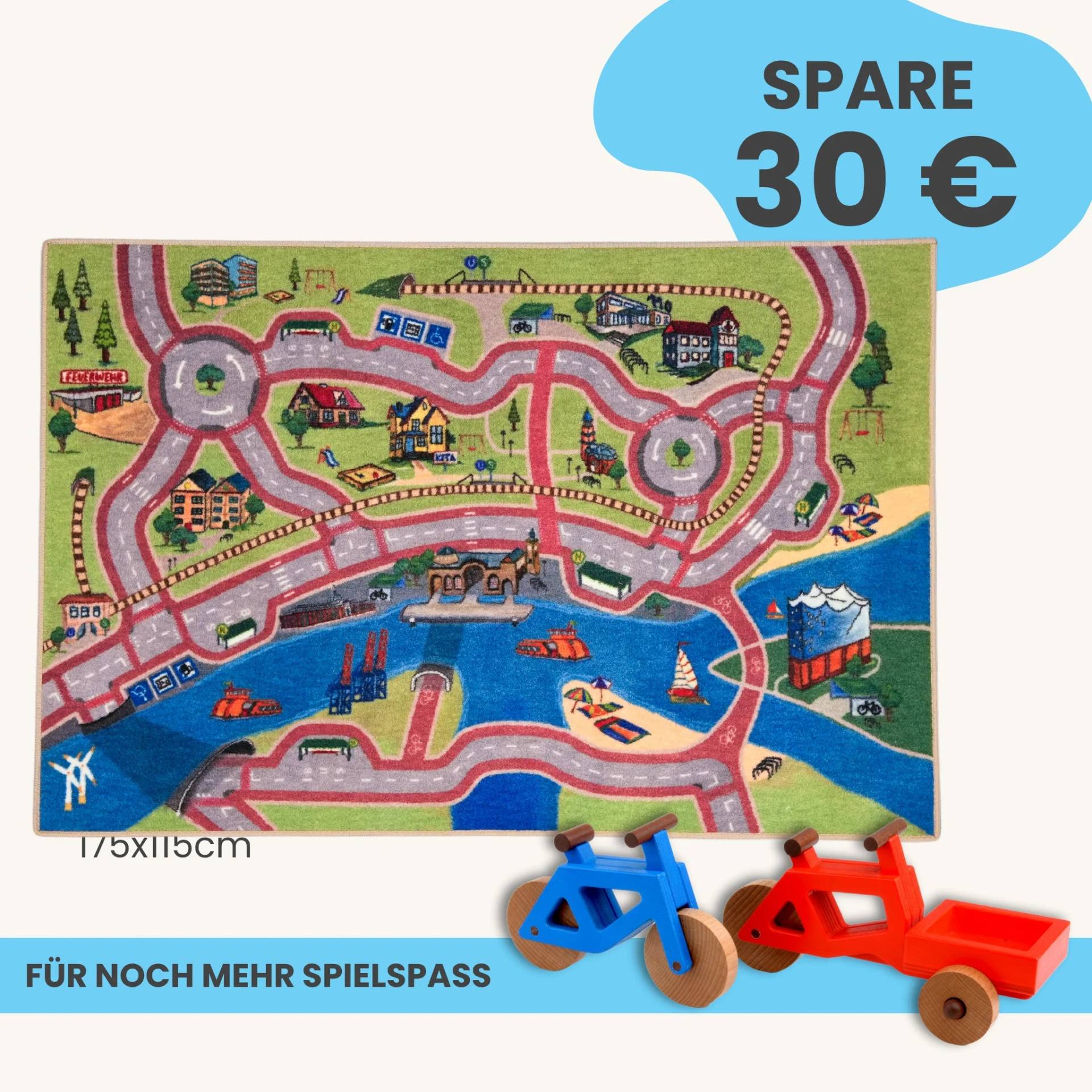 Spielteppich Hamburg 175x115cm im Starter-Set | Spielzeugfahrrad aus Holz (Farbe): Blau | Spielzeuglastenrad aus Holz (Farbe): Rot | Flache Transportbox Lastenrad (Farbe): Rot