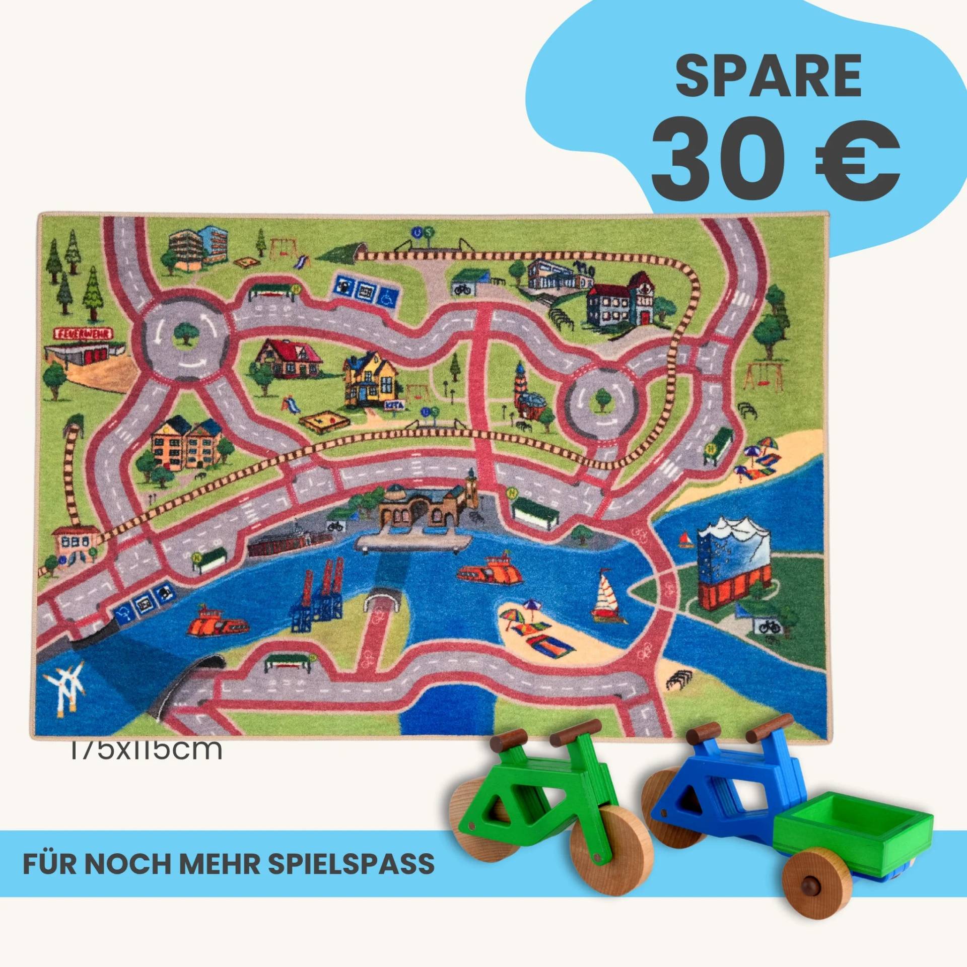 Spielteppich Hamburg 175x115cm im Starter-Set | Spielzeugfahrrad aus Holz (Farbe): Grün | Spielzeuglastenrad aus Holz (Farbe): Blau | Flache Transportbox Lastenrad (Farbe): Grün
