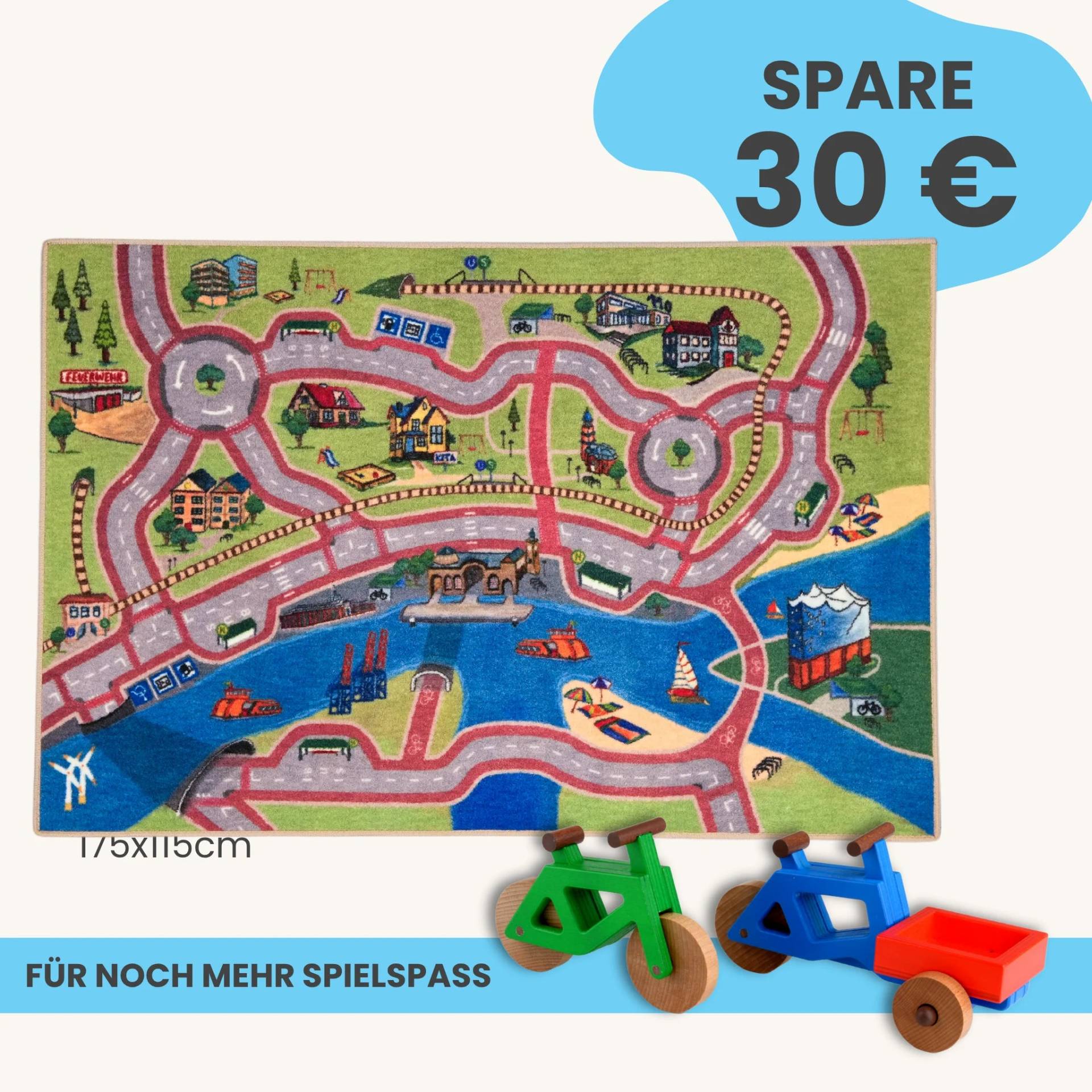 Spielteppich Hamburg 175x115cm im Starter-Set | Spielzeugfahrrad aus Holz (Farbe): Grün | Spielzeuglastenrad aus Holz (Farbe): Blau | Flache Transportbox Lastenrad (Farbe): Rot