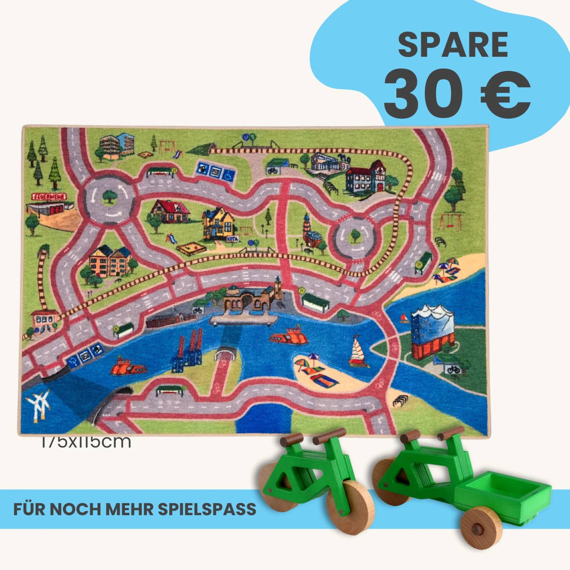 Spielteppich Hamburg 175x115cm im Starter-Set | Spielzeugfahrrad aus Holz (Farbe): Grün | Spielzeuglastenrad aus Holz (Farbe): Grün | Flache Transportbox Lastenrad (Farbe): Grün