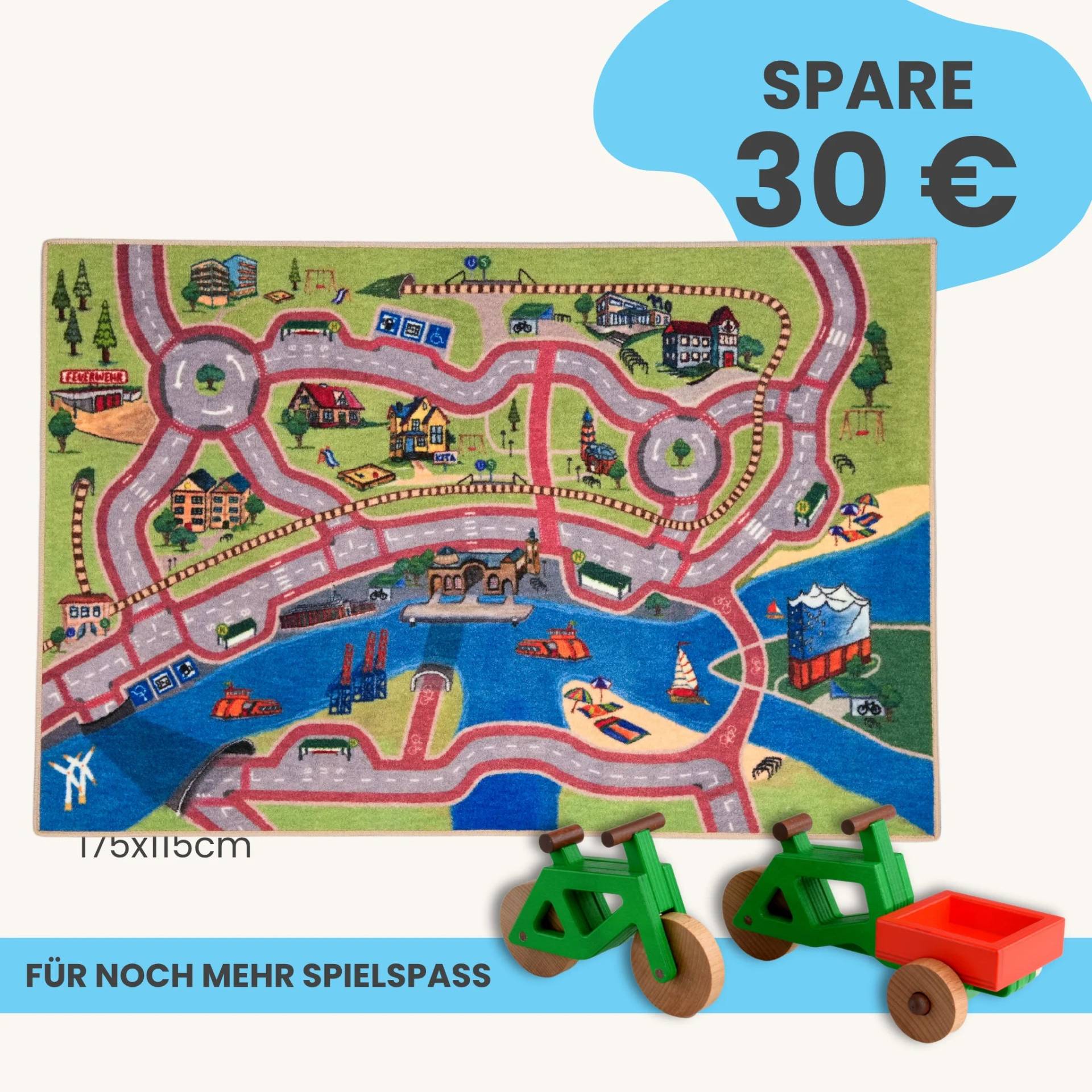 Spielteppich Hamburg 175x115cm im Starter-Set | Spielzeugfahrrad aus Holz (Farbe): Grün | Spielzeuglastenrad aus Holz (Farbe): Grün | Flache Transportbox Lastenrad (Farbe): Rot