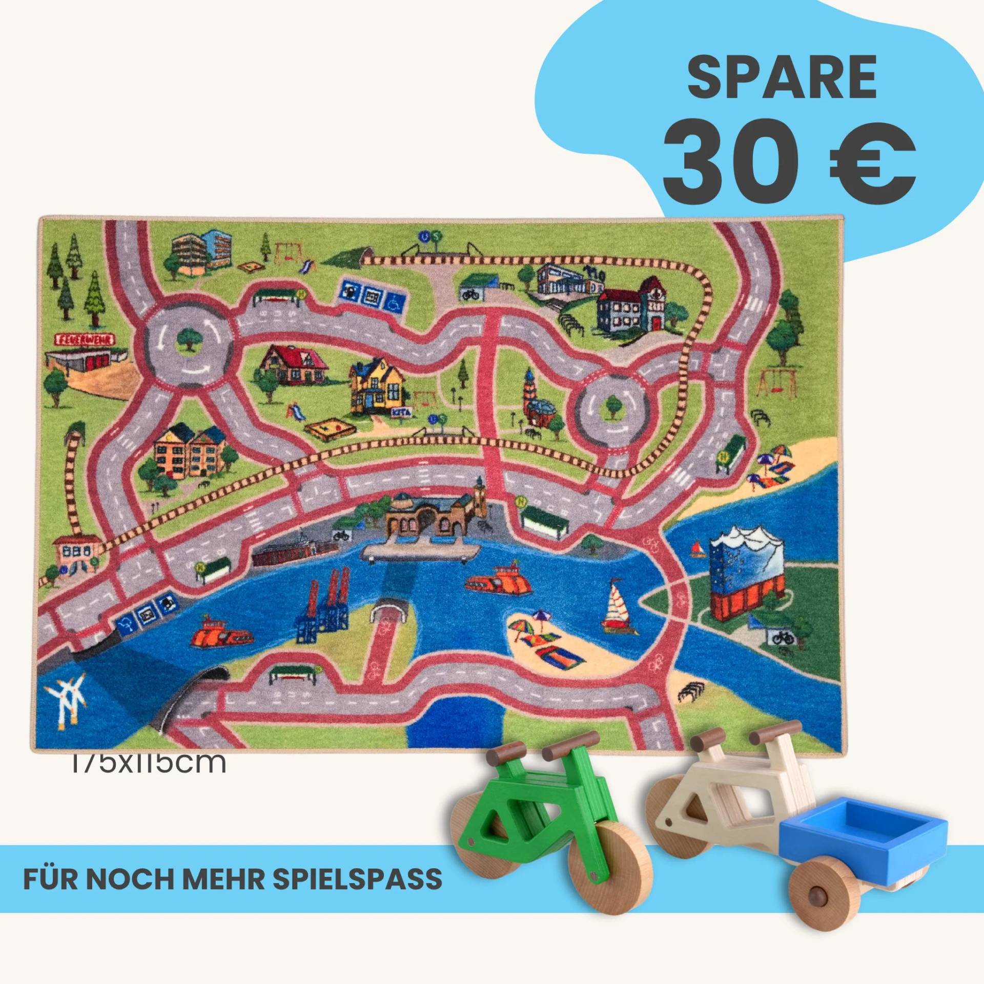 Spielteppich Hamburg 175x115cm im Starter-Set | Spielzeugfahrrad aus Holz (Farbe): Grün | Spielzeuglastenrad aus Holz (Farbe): Natur | Flache Transportbox Lastenrad (Farbe): Blau