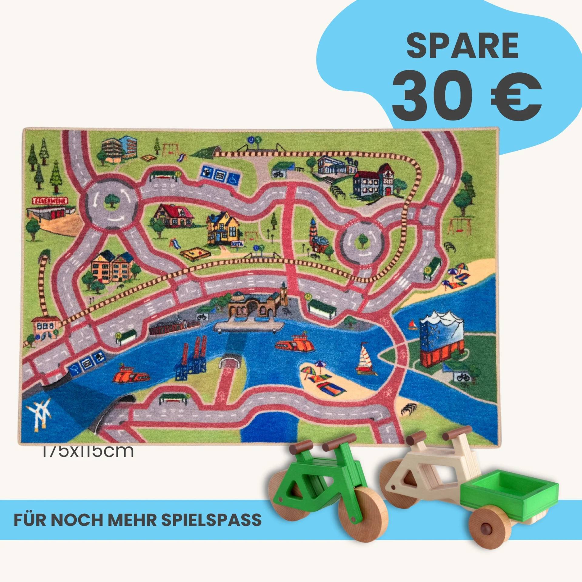 Spielteppich Hamburg 175x115cm im Starter-Set | Spielzeugfahrrad aus Holz (Farbe): Grün | Spielzeuglastenrad aus Holz (Farbe): Natur | Flache Transportbox Lastenrad (Farbe): Grün