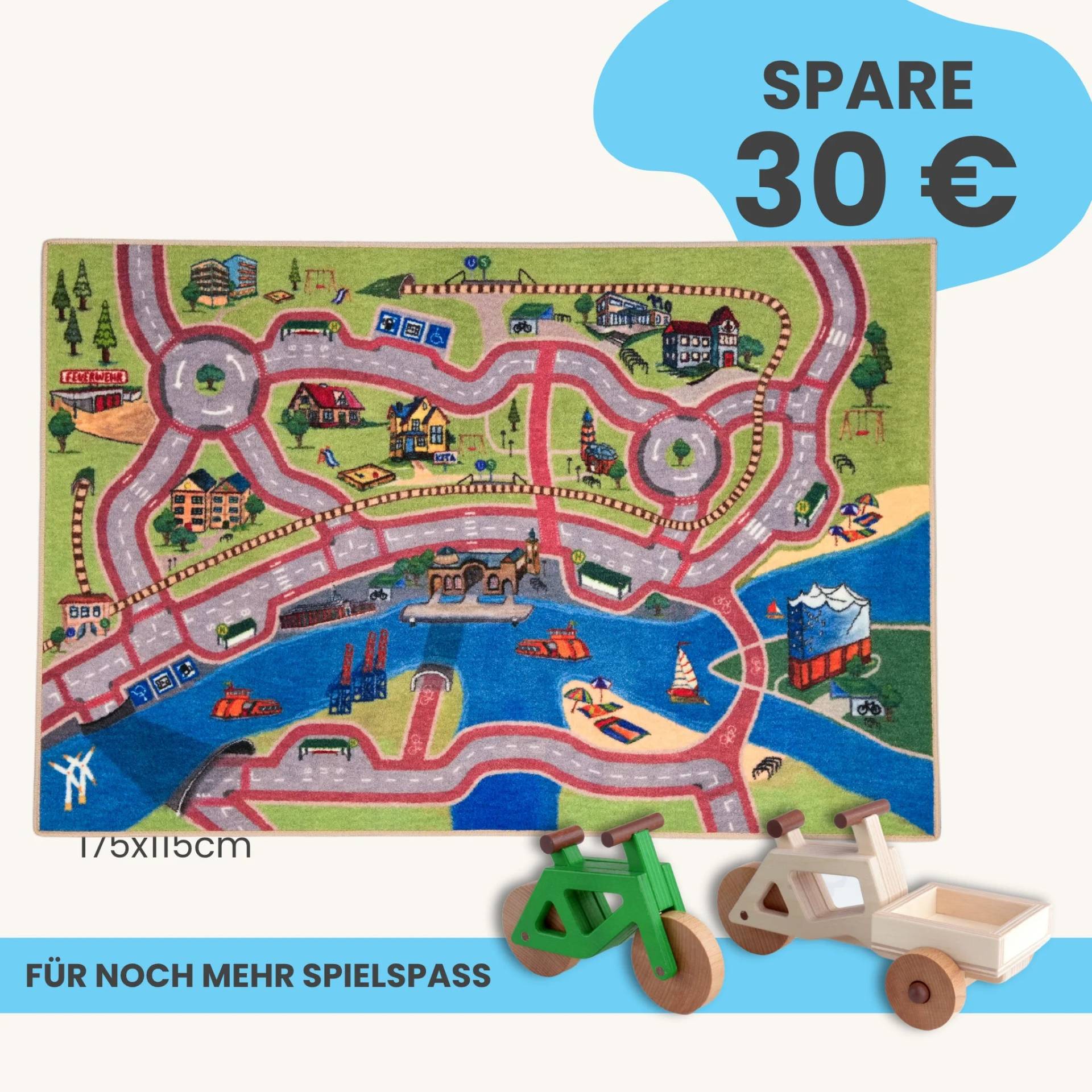 Spielteppich Hamburg 175x115cm im Starter-Set | Spielzeugfahrrad aus Holz (Farbe): Grün | Spielzeuglastenrad aus Holz (Farbe): Natur | Flache Transportbox Lastenrad (Farbe): Natur