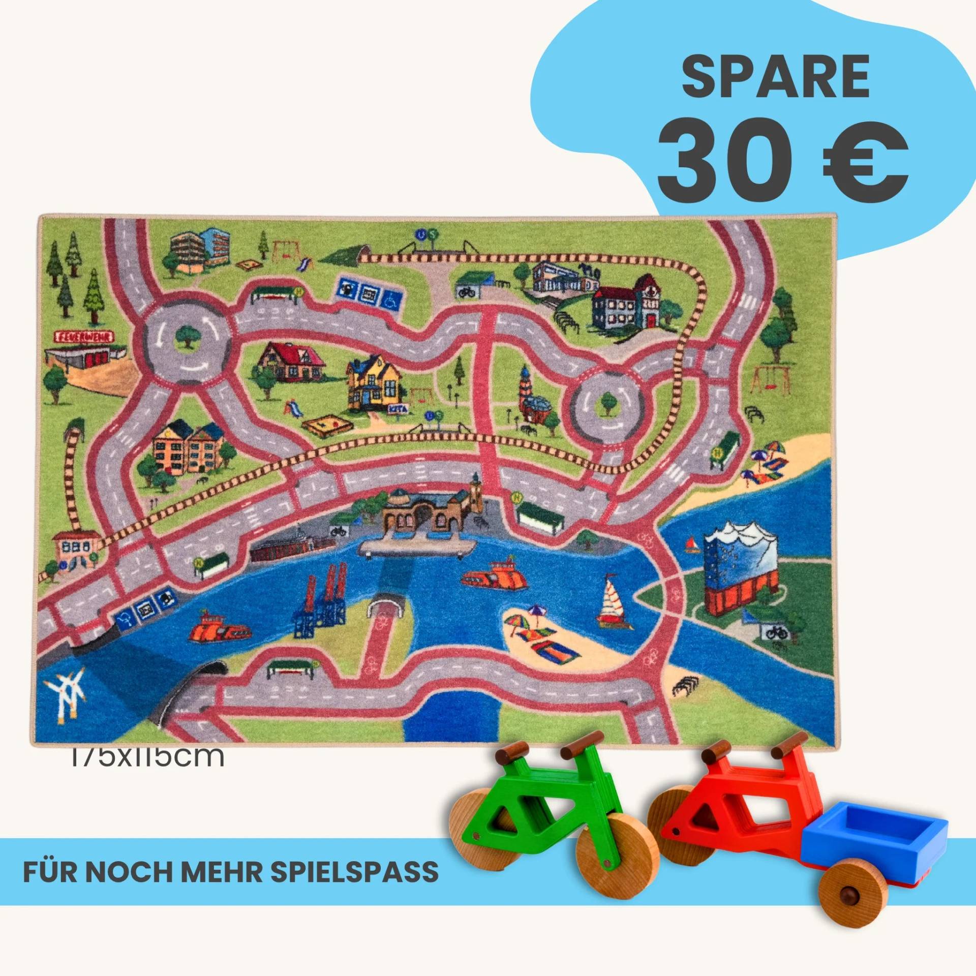 Spielteppich Hamburg 175x115cm im Starter-Set | Spielzeugfahrrad aus Holz (Farbe): Grün | Spielzeuglastenrad aus Holz (Farbe): Rot | Flache Transportbox Lastenrad (Farbe): Blau