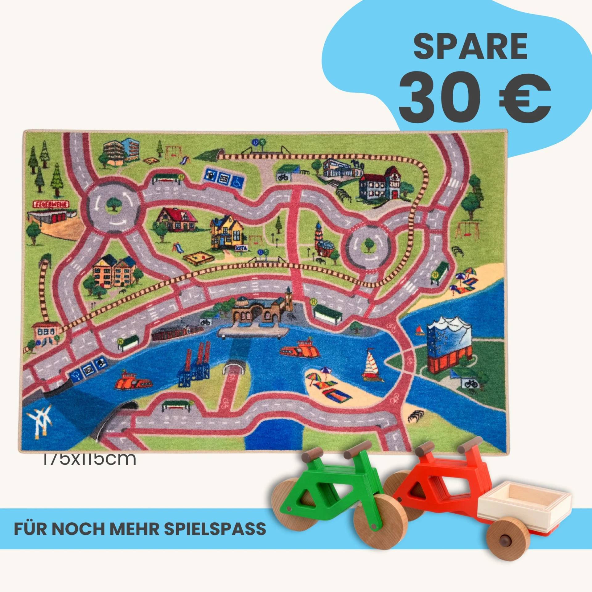 Spielteppich Hamburg 175x115cm im Starter-Set | Spielzeugfahrrad aus Holz (Farbe): Grün | Spielzeuglastenrad aus Holz (Farbe): Rot | Flache Transportbox Lastenrad (Farbe): Natur