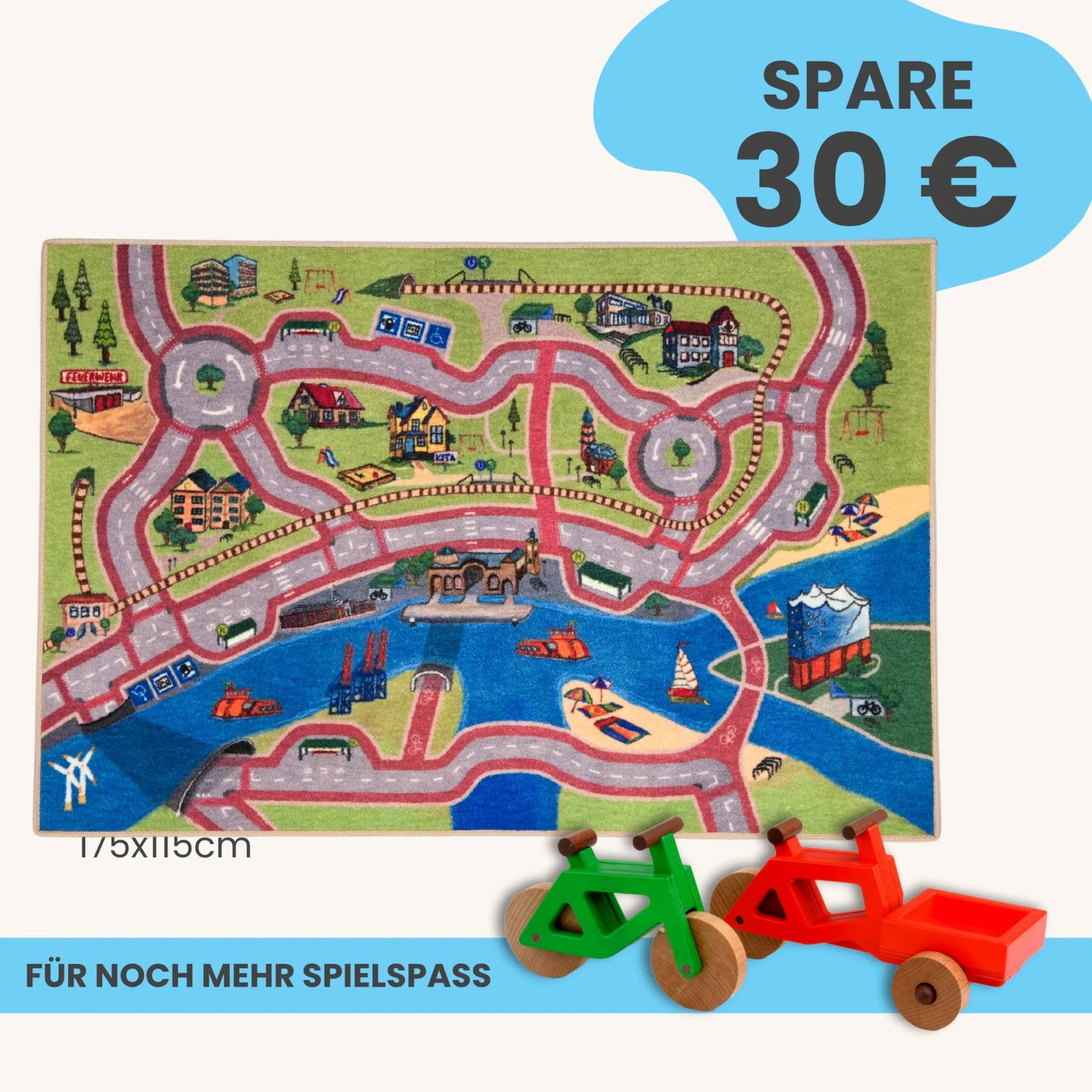 Spielteppich Hamburg 175x115cm im Starter-Set | Spielzeugfahrrad aus Holz (Farbe): Grün | Spielzeuglastenrad aus Holz (Farbe): Rot | Flache Transportbox Lastenrad (Farbe): Rot