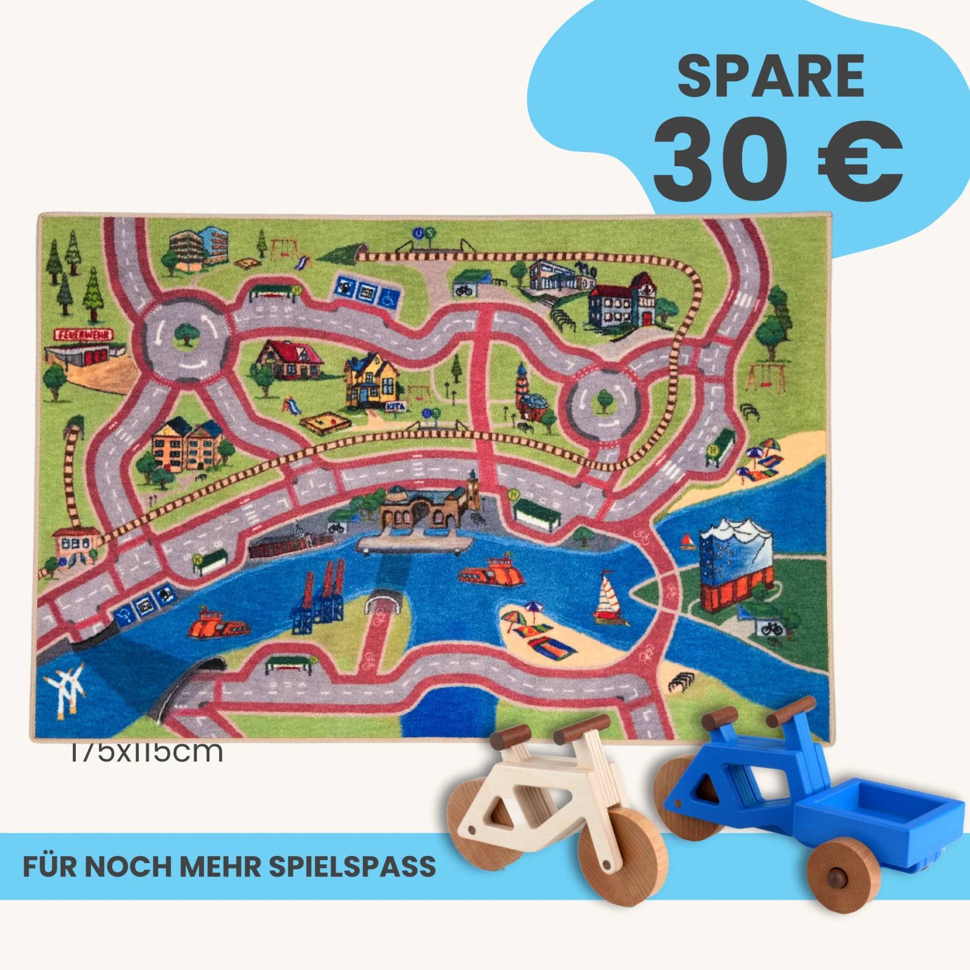 Spielteppich Hamburg 175x115cm im Starter-Set | Spielzeugfahrrad aus Holz (Farbe): Natur | Spielzeuglastenrad aus Holz (Farbe): Blau | Flache Transportbox Lastenrad (Farbe): Blau