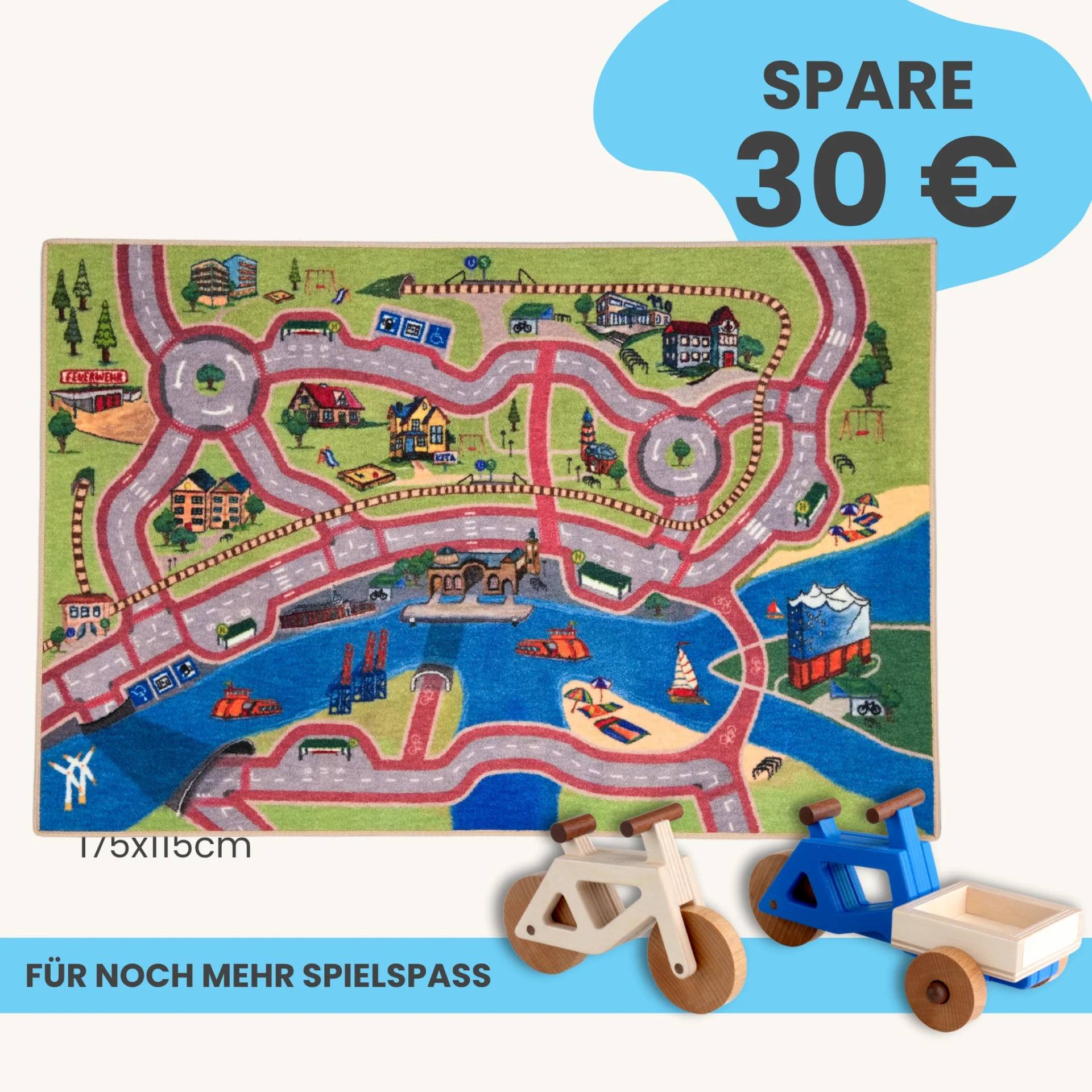 Spielteppich Hamburg 175x115cm im Starter-Set | Spielzeugfahrrad aus Holz (Farbe): Natur | Spielzeuglastenrad aus Holz (Farbe): Blau | Flache Transportbox Lastenrad (Farbe): Natur