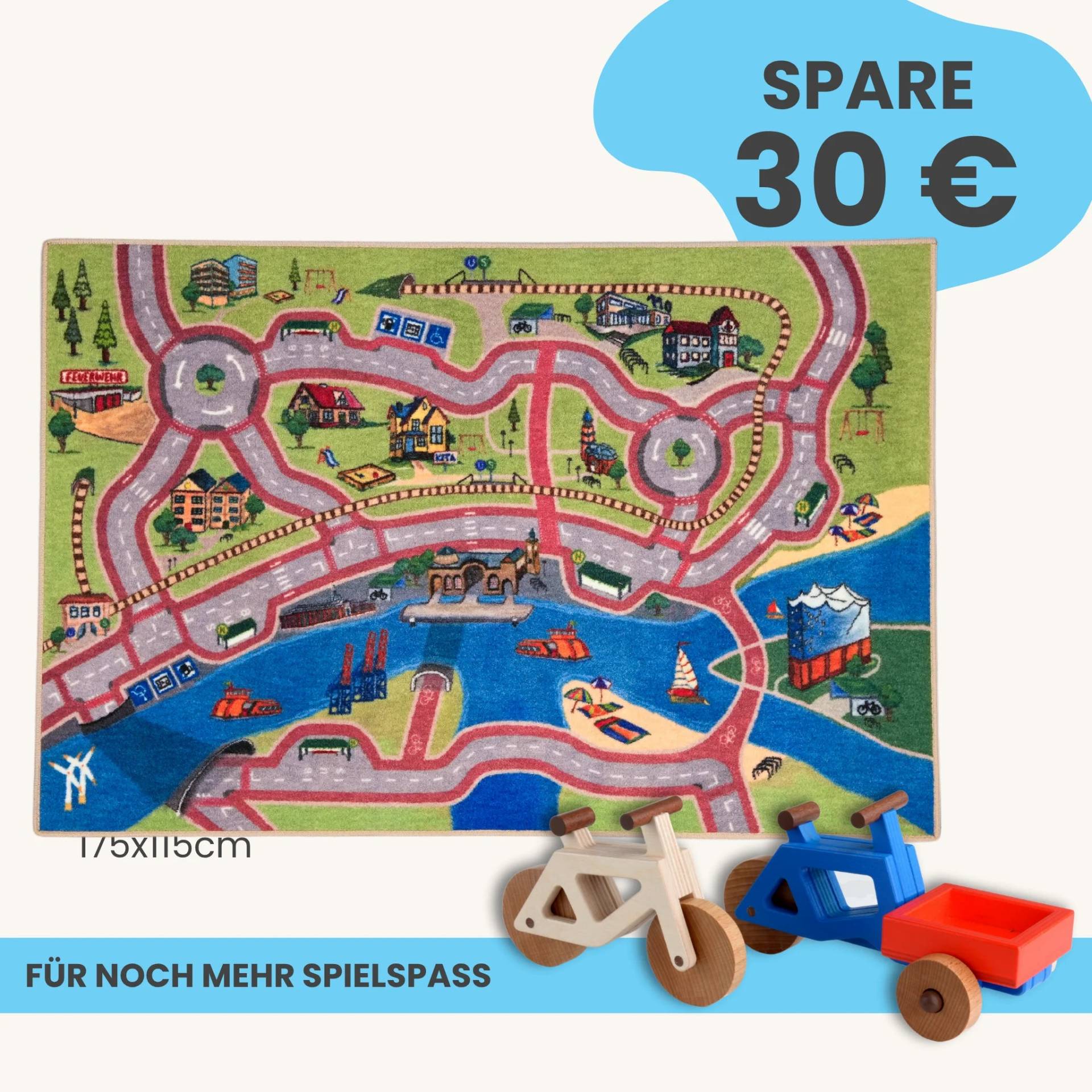 Spielteppich Hamburg 175x115cm im Starter-Set | Spielzeugfahrrad aus Holz (Farbe): Natur | Spielzeuglastenrad aus Holz (Farbe): Blau | Flache Transportbox Lastenrad (Farbe): Rot