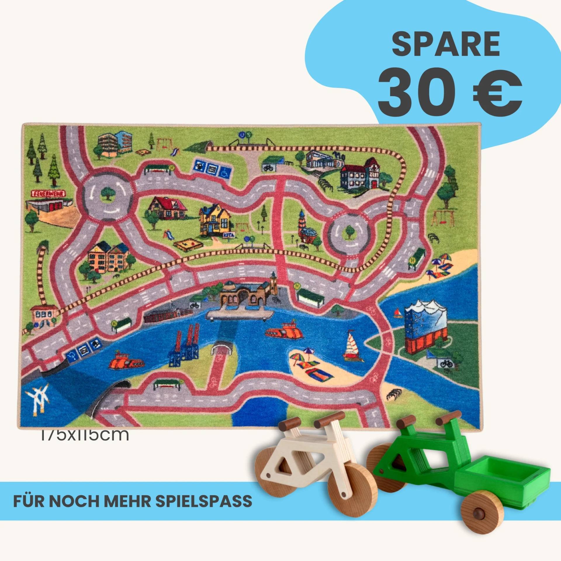 Spielteppich Hamburg 175x115cm im Starter-Set | Spielzeugfahrrad aus Holz (Farbe): Natur | Spielzeuglastenrad aus Holz (Farbe): Grün | Flache Transportbox Lastenrad (Farbe): Grün