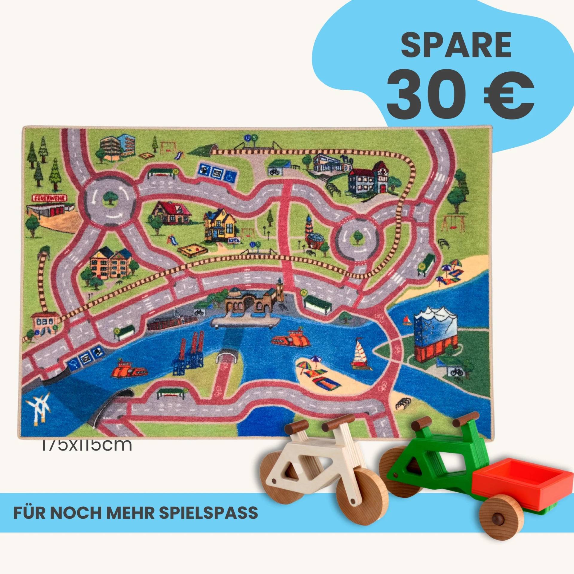 Spielteppich Hamburg 175x115cm im Starter-Set | Spielzeugfahrrad aus Holz (Farbe): Natur | Spielzeuglastenrad aus Holz (Farbe): Grün | Flache Transportbox Lastenrad (Farbe): Rot