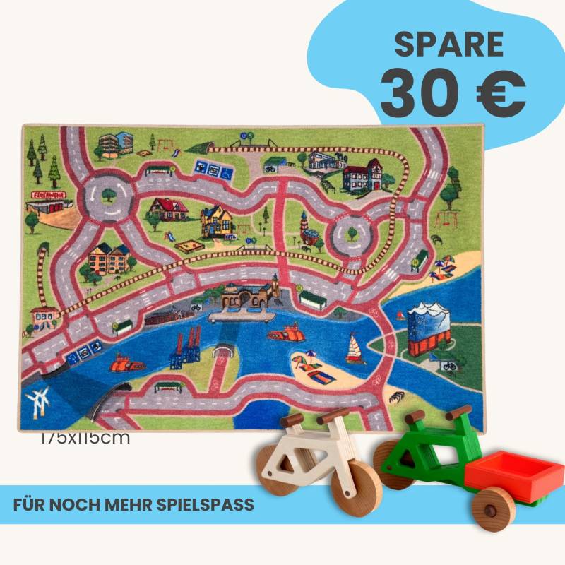 Spielteppich Hamburg 175x115cm im Starter-Set | Spielzeugfahrrad aus Holz (Farbe): Natur | Spielzeuglastenrad aus Holz (Farbe): Grün | Flache Transportbox Lastenrad (Farbe): Rot