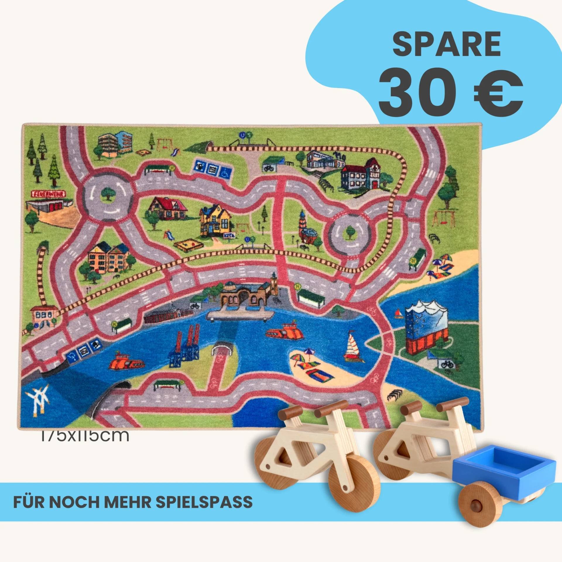 Spielteppich Hamburg 175x115cm im Starter-Set | Spielzeugfahrrad aus Holz (Farbe): Natur | Spielzeuglastenrad aus Holz (Farbe): Natur | Flache Transportbox Lastenrad (Farbe): Blau