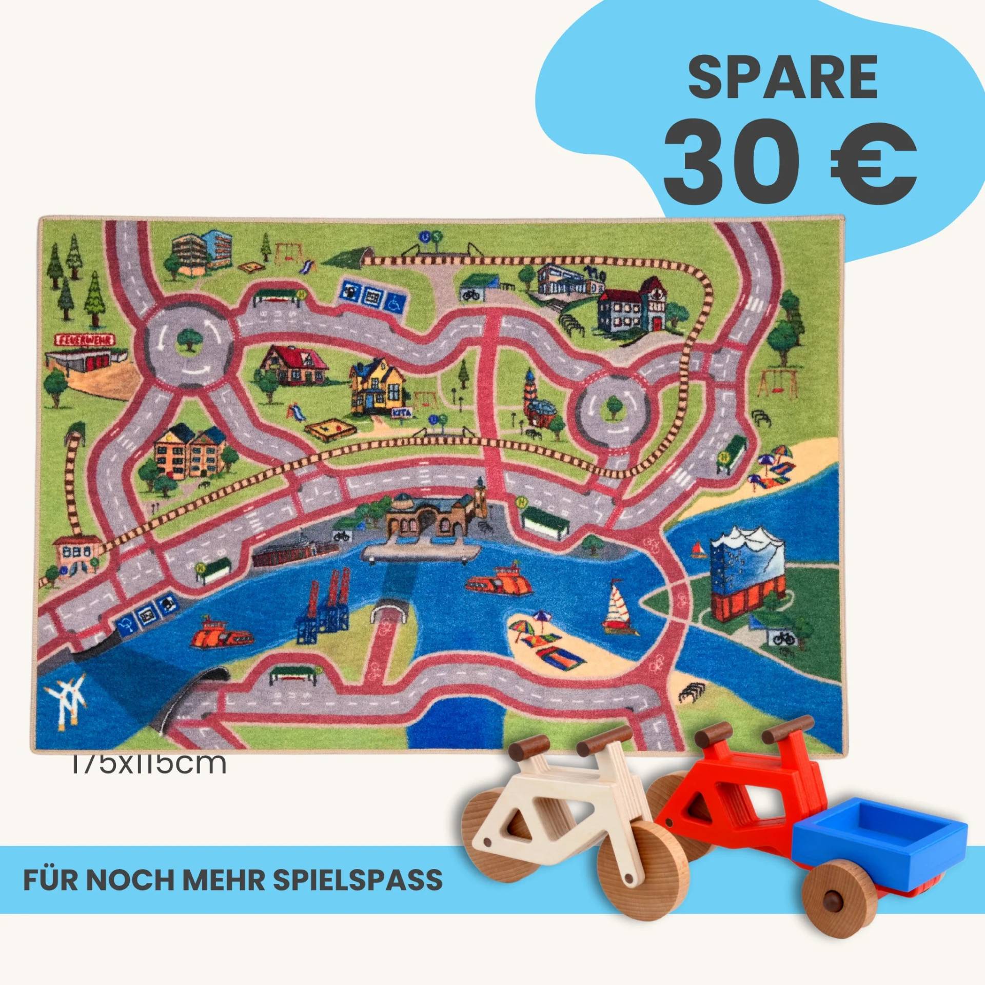 Spielteppich Hamburg 175x115cm im Starter-Set | Spielzeugfahrrad aus Holz (Farbe): Natur | Spielzeuglastenrad aus Holz (Farbe): Rot | Flache Transportbox Lastenrad (Farbe): Blau