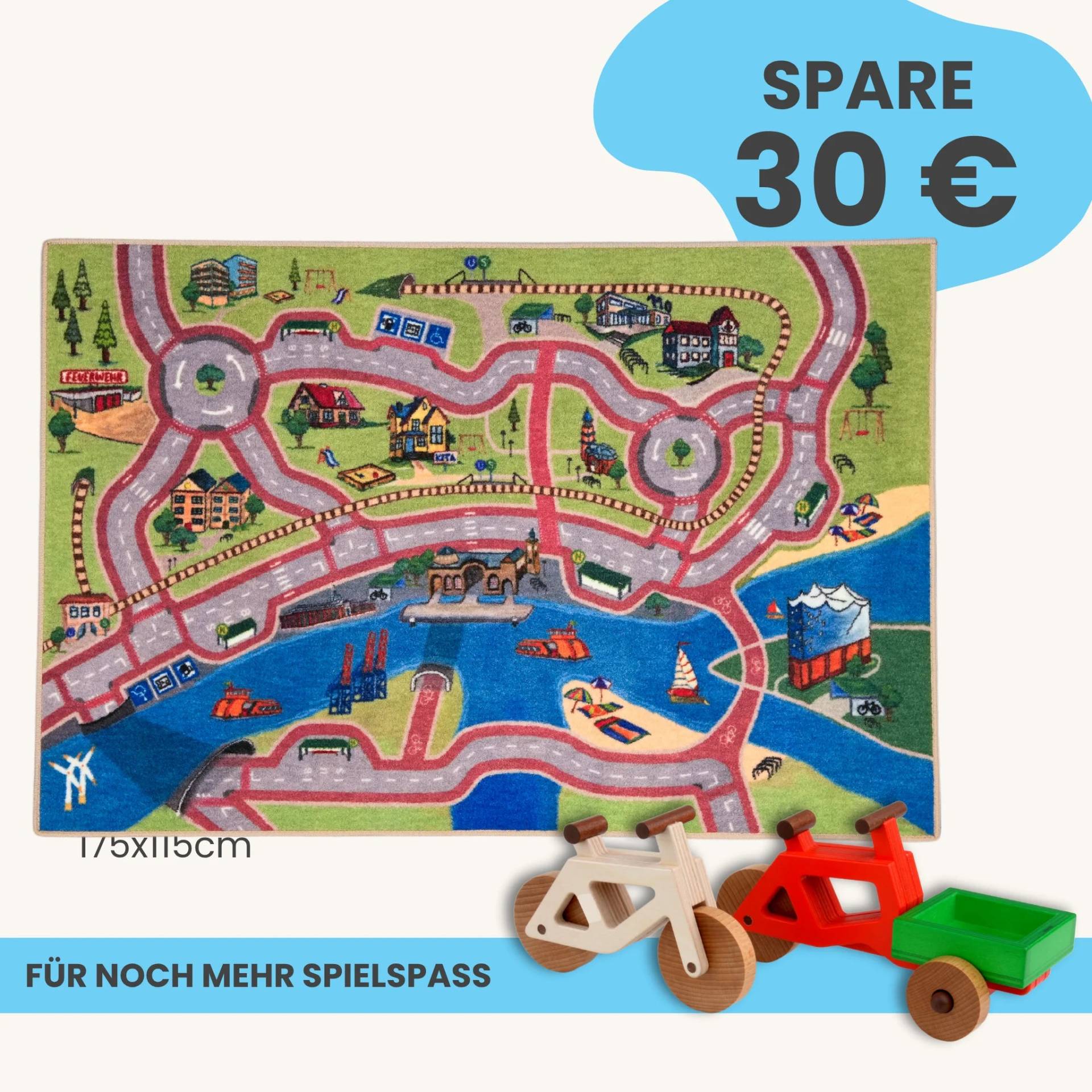 Spielteppich Hamburg 175x115cm im Starter-Set | Spielzeugfahrrad aus Holz (Farbe): Natur | Spielzeuglastenrad aus Holz (Farbe): Rot | Flache Transportbox Lastenrad (Farbe): Grün