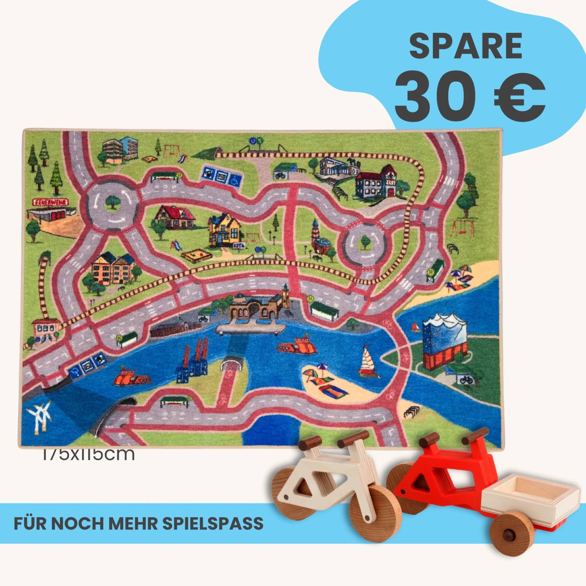 Spielteppich Hamburg 175x115cm im Starter-Set | Spielzeugfahrrad aus Holz (Farbe): Natur | Spielzeuglastenrad aus Holz (Farbe): Rot | Flache Transportbox Lastenrad (Farbe): Natur