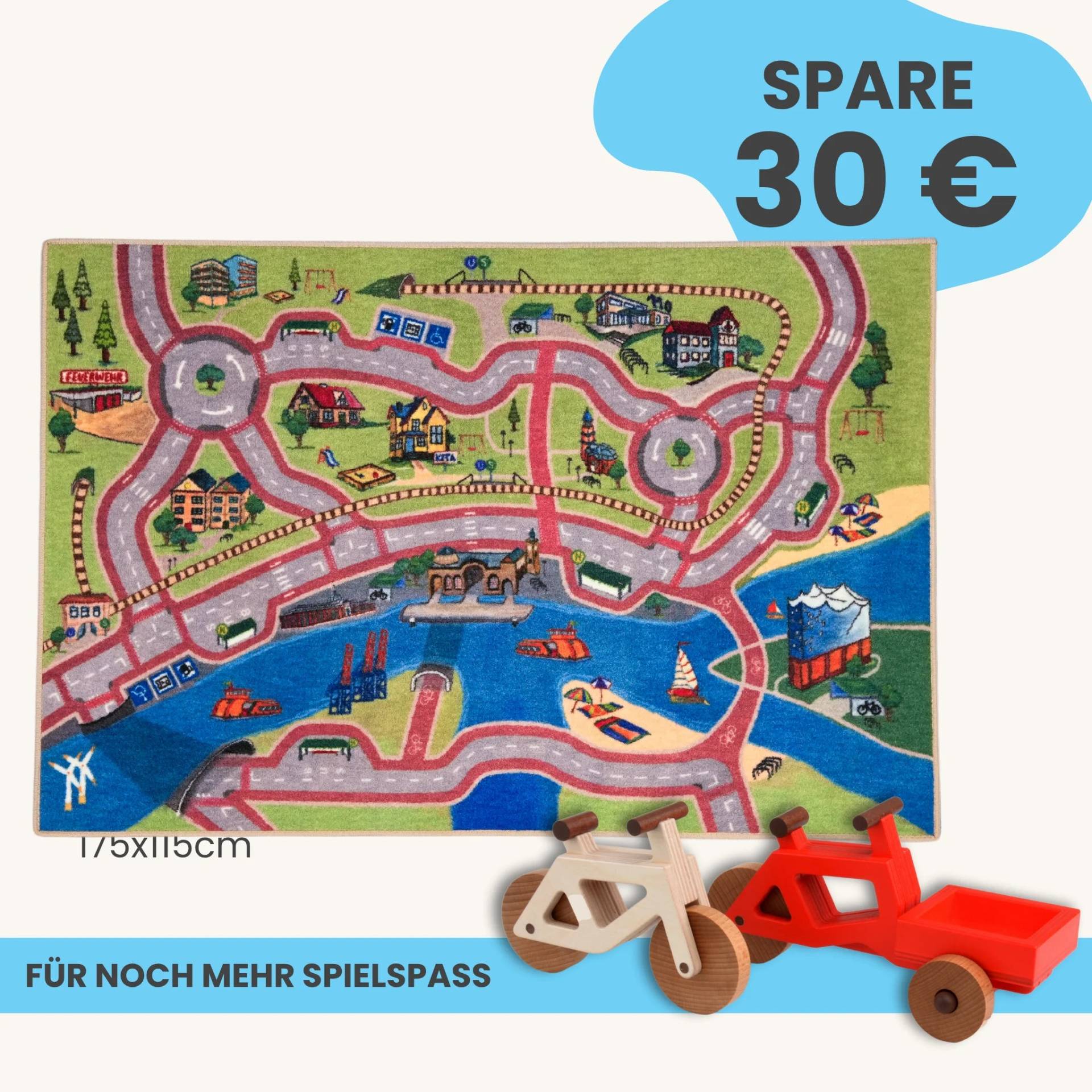 Spielteppich Hamburg 175x115cm im Starter-Set | Spielzeugfahrrad aus Holz (Farbe): Natur | Spielzeuglastenrad aus Holz (Farbe): Rot | Flache Transportbox Lastenrad (Farbe): Rot