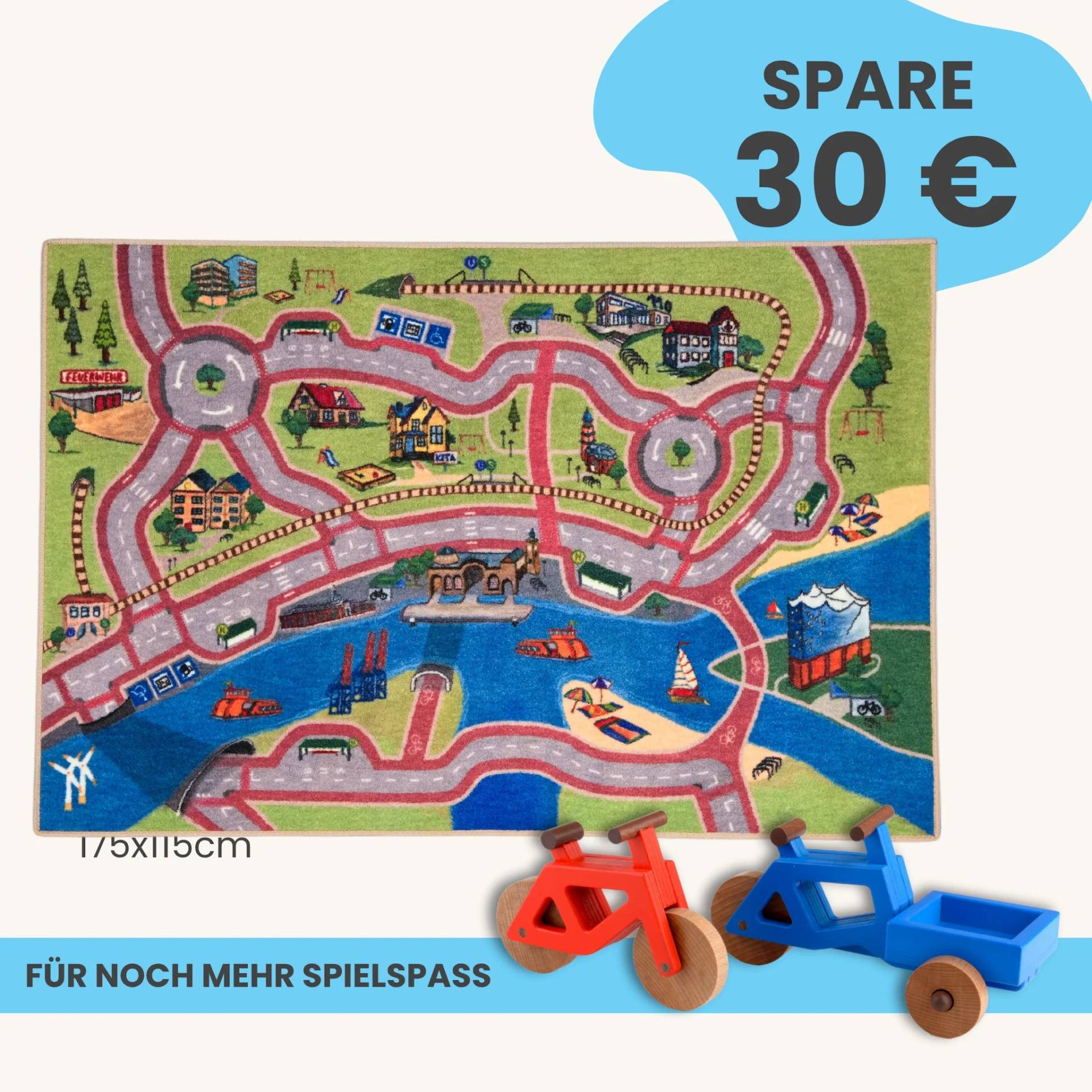 Spielteppich Hamburg 175x115cm im Starter-Set | Spielzeugfahrrad aus Holz (Farbe): Rot | Spielzeuglastenrad aus Holz (Farbe): Blau | Flache Transportbox Lastenrad (Farbe): Blau