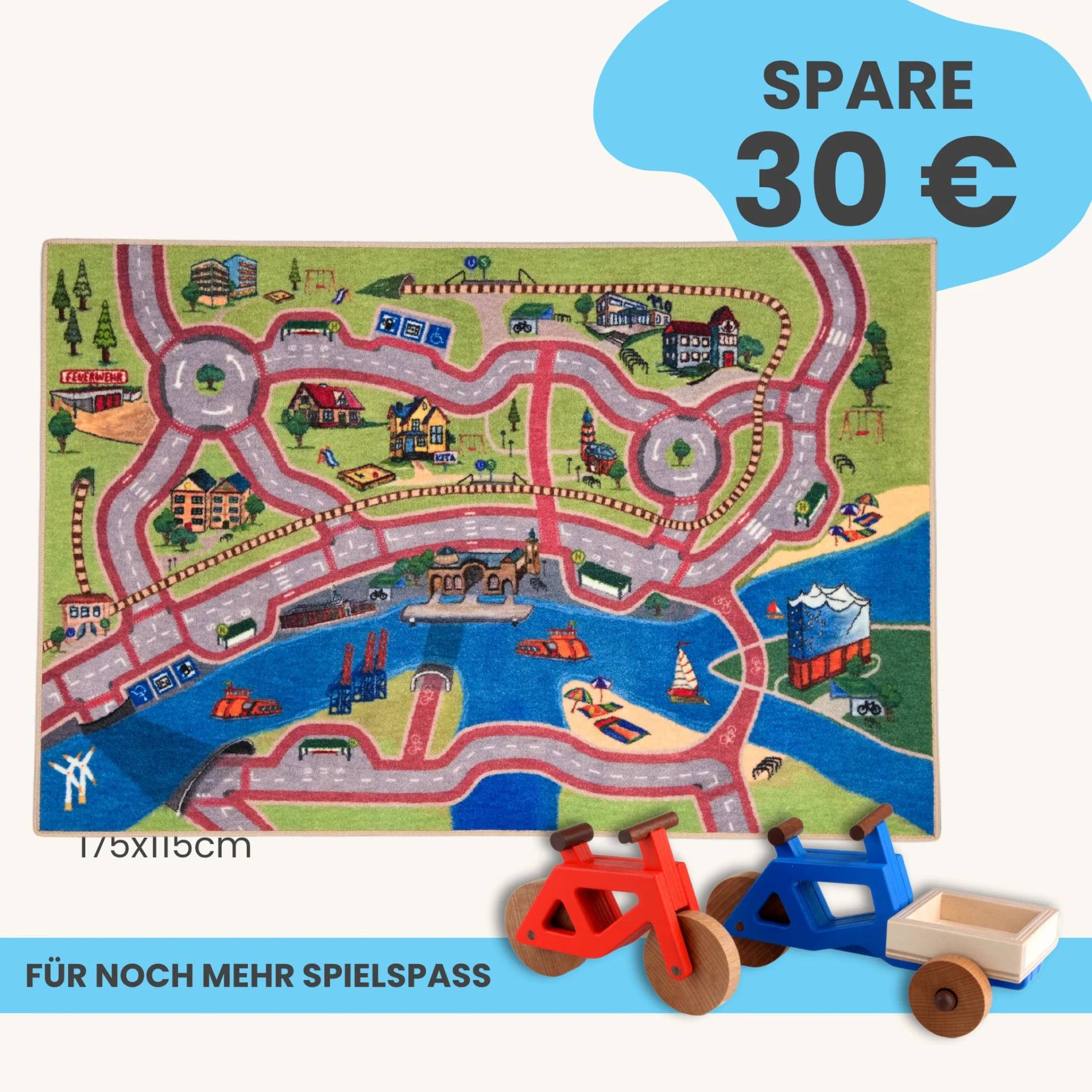 Spielteppich Hamburg 175x115cm im Starter-Set | Spielzeugfahrrad aus Holz (Farbe): Rot | Spielzeuglastenrad aus Holz (Farbe): Blau | Flache Transportbox Lastenrad (Farbe): Natur