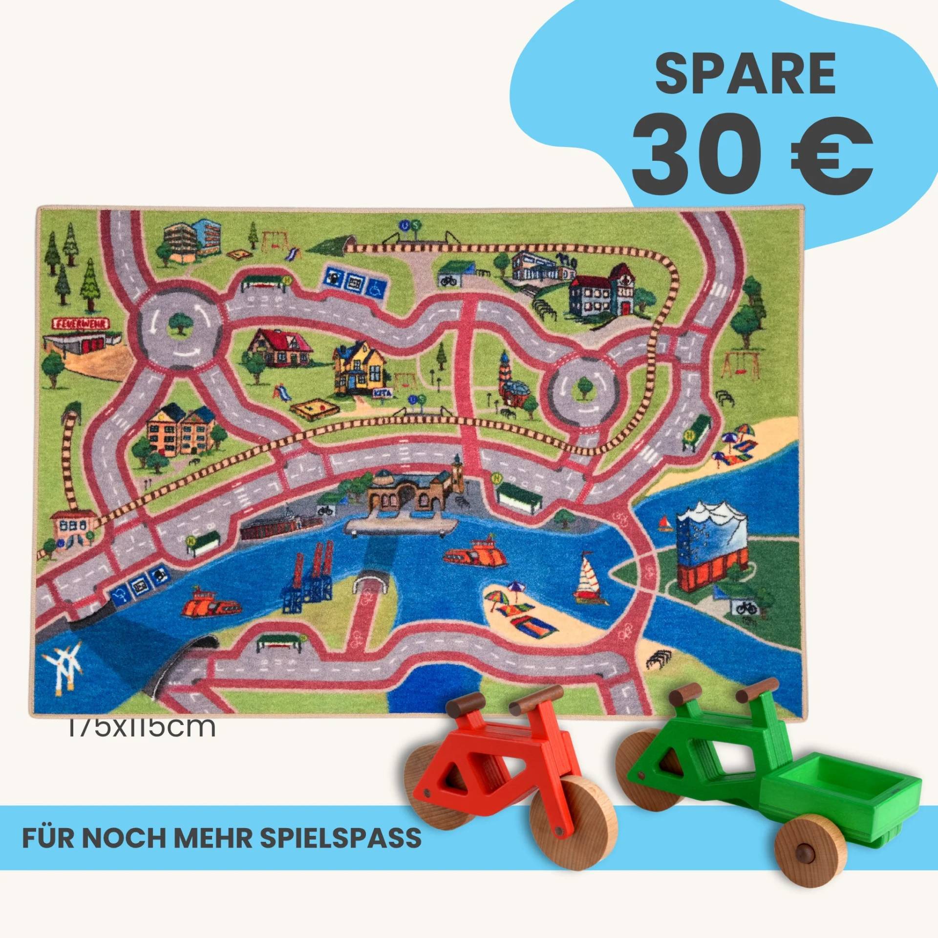 Spielteppich Hamburg 175x115cm im Starter-Set | Spielzeugfahrrad aus Holz (Farbe): Rot | Spielzeuglastenrad aus Holz (Farbe): Grün | Flache Transportbox Lastenrad (Farbe): Grün
